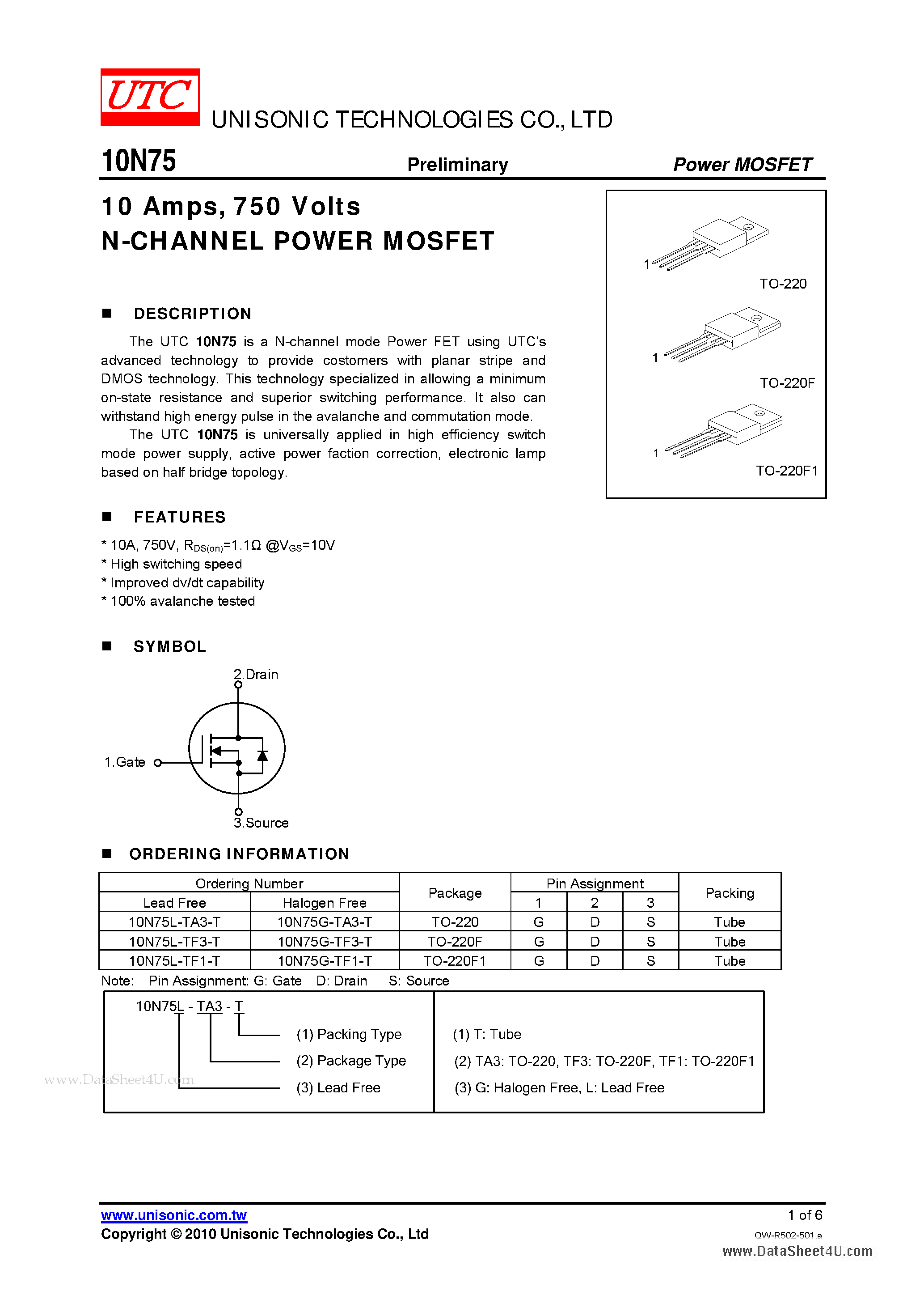 Datasheet 10N75 - N-CHANNEL POWER MOSFET page 1