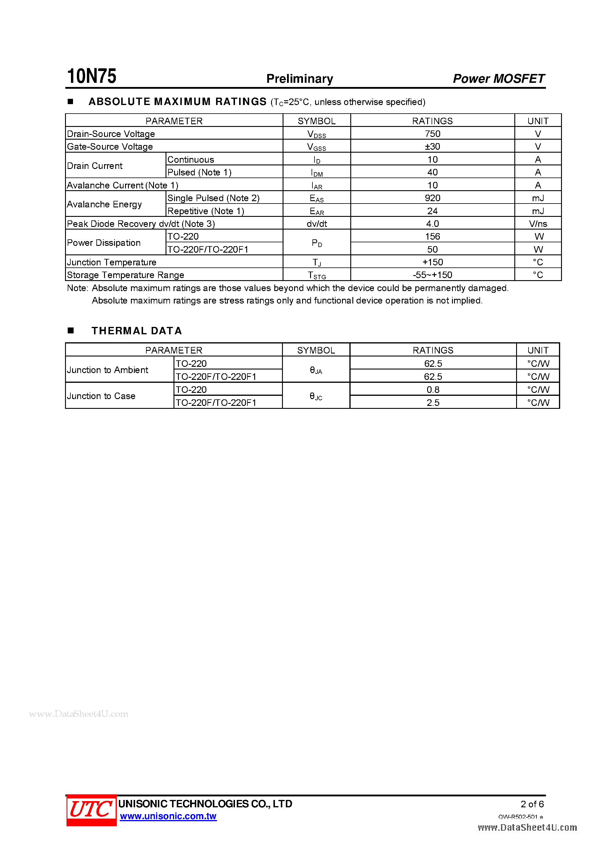 Datasheet 10N75 - N-CHANNEL POWER MOSFET page 2