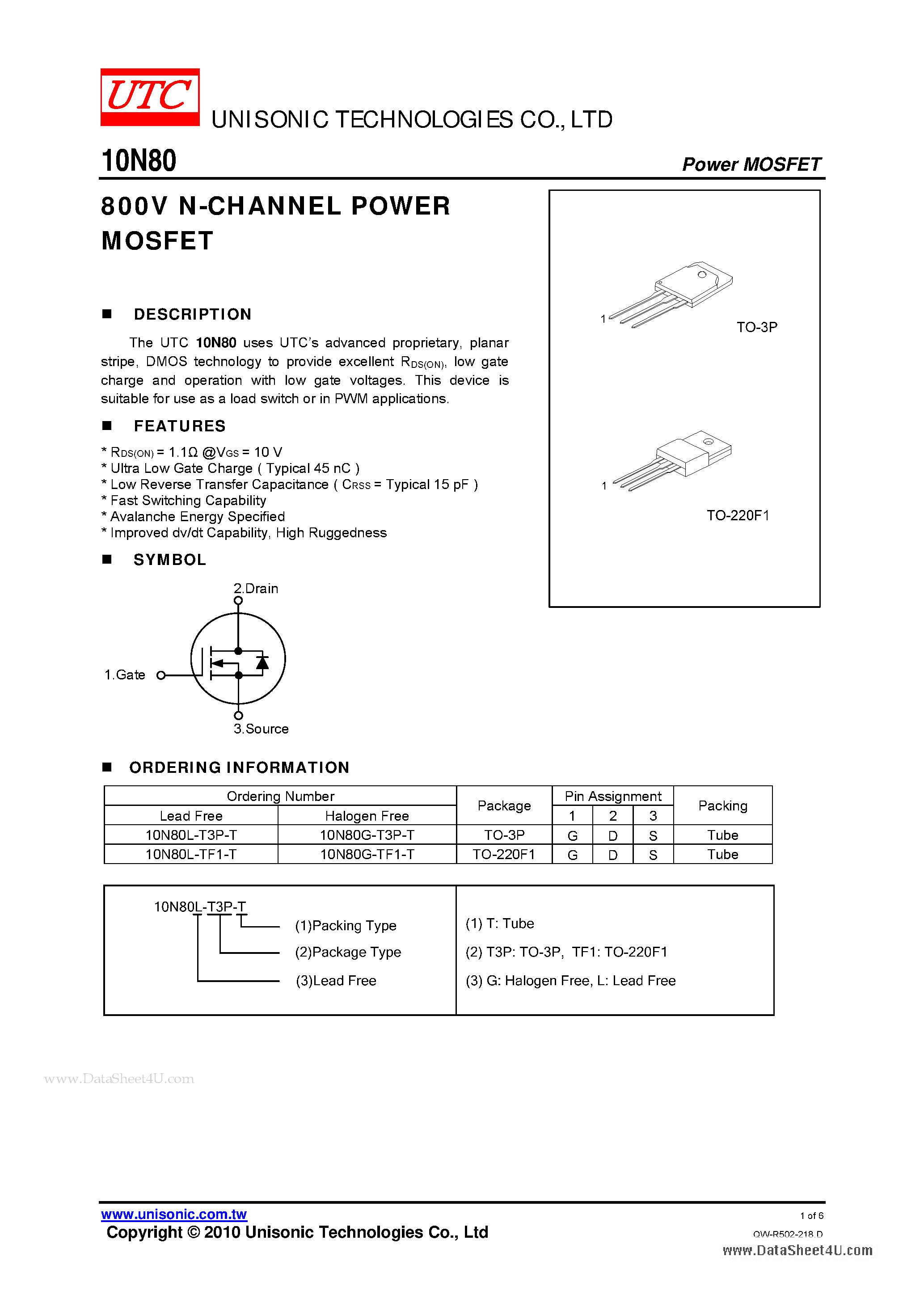 Datasheet 10N80 - N-CHANNEL POWER MOSFET page 1