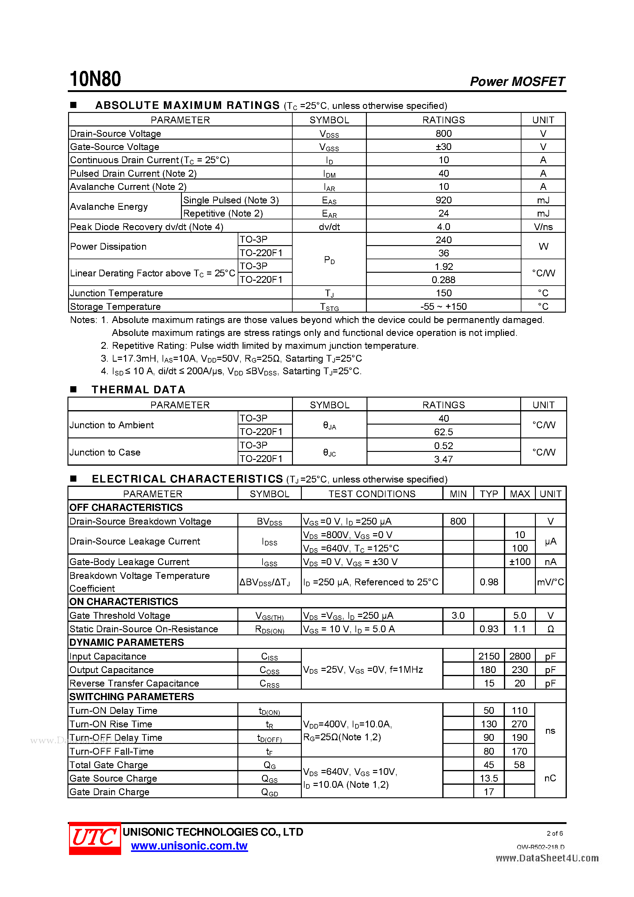 Datasheet 10N80 - N-CHANNEL POWER MOSFET page 2