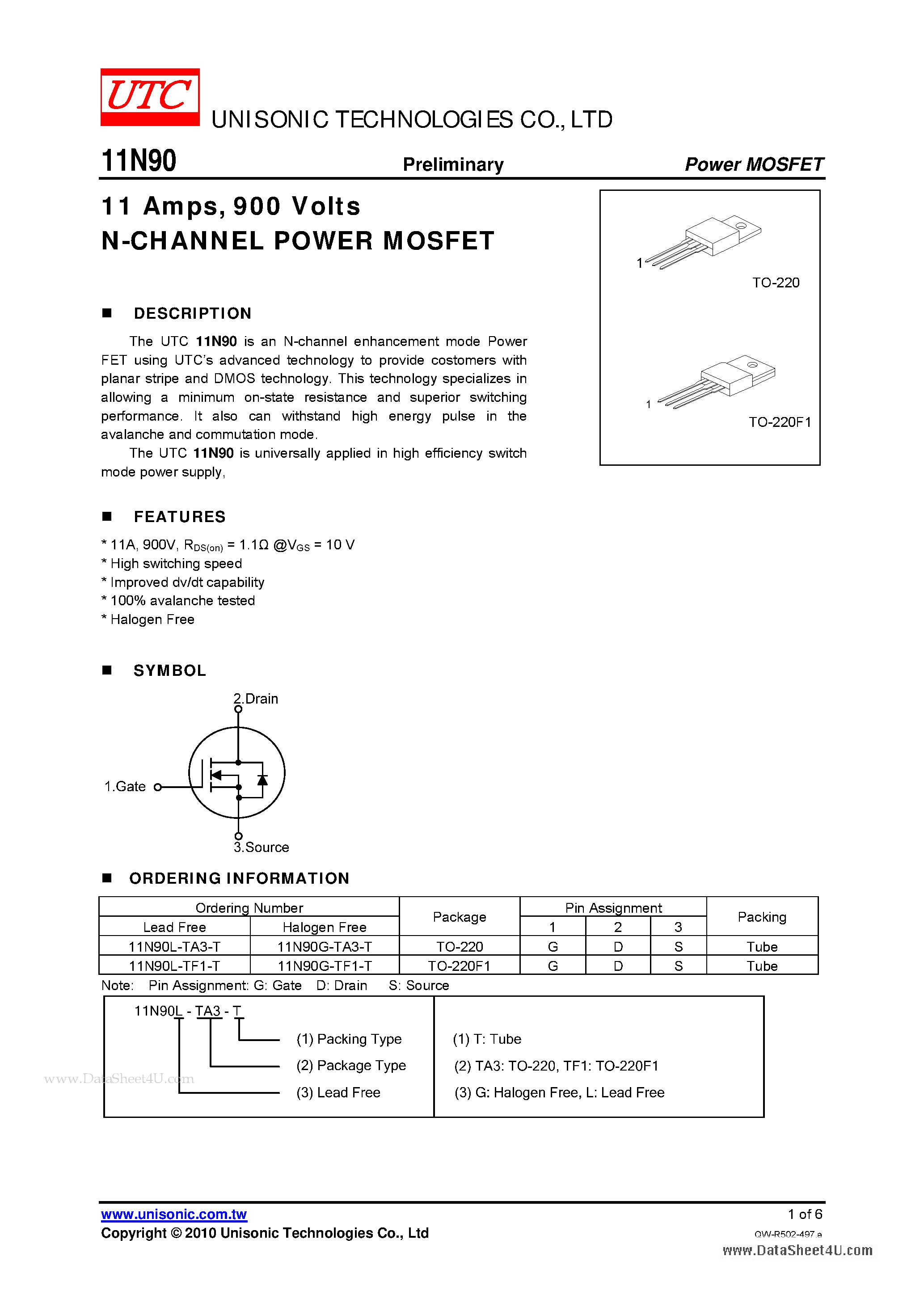 Datasheet 11N90 - N-CHANNEL POWER MOSFET page 1