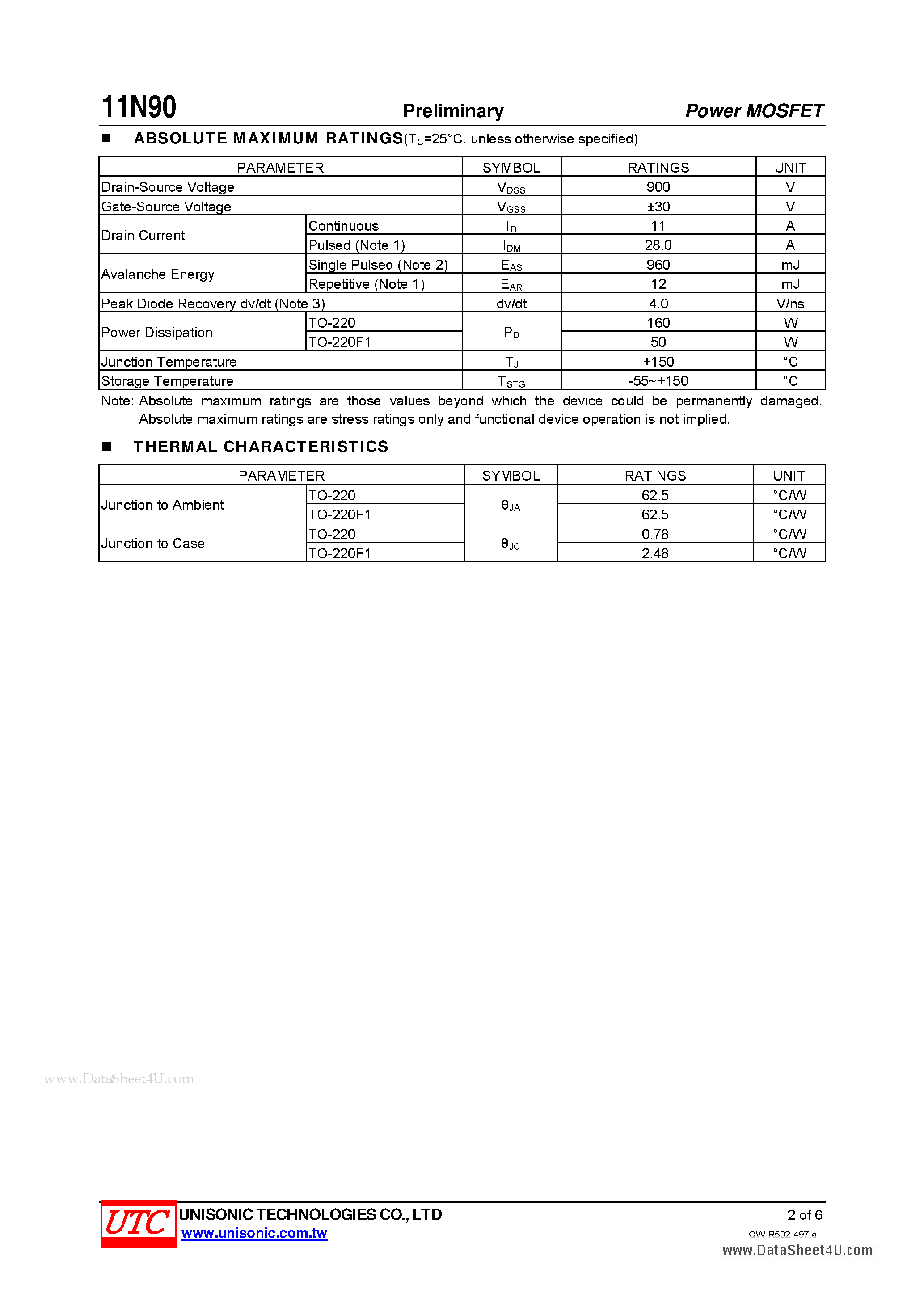 Datasheet 11N90 - N-CHANNEL POWER MOSFET page 2