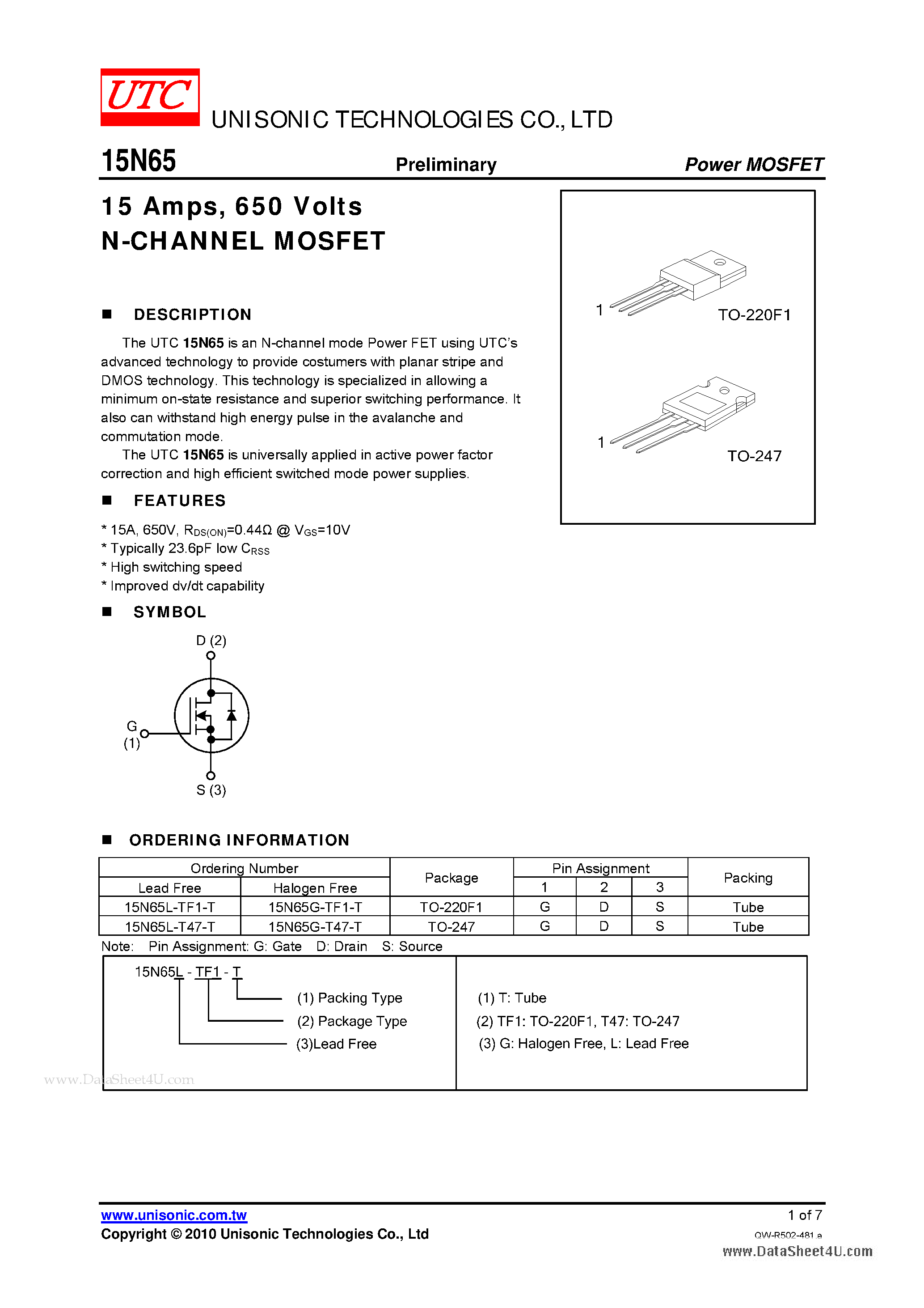 Даташит на микросхему 15N65 страница 1 Даташит 15N65 - N-CHANNEL POWER MOSFET страница 1