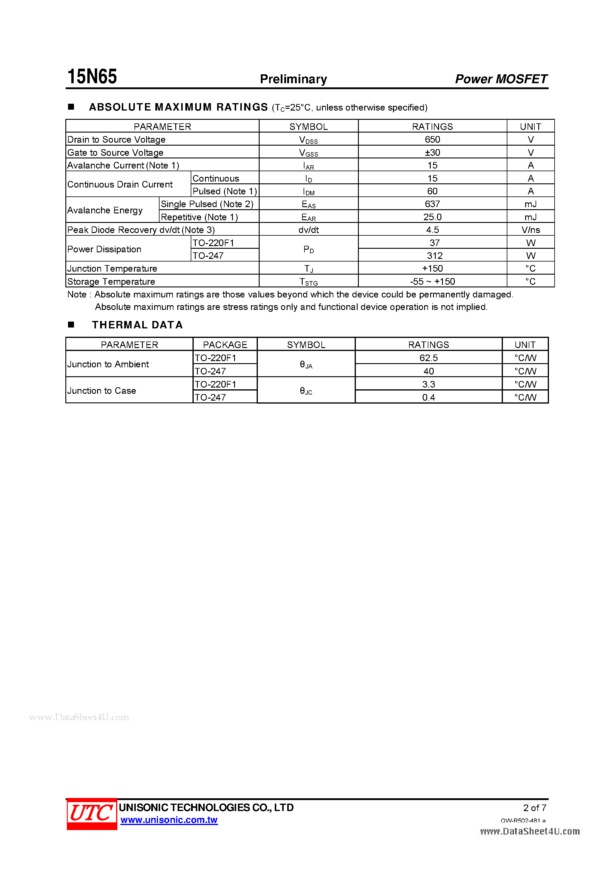 Даташит на микросхему 15N65 страница 2 Даташит 15N65 - N-CHANNEL POWER MOSFET страница 2