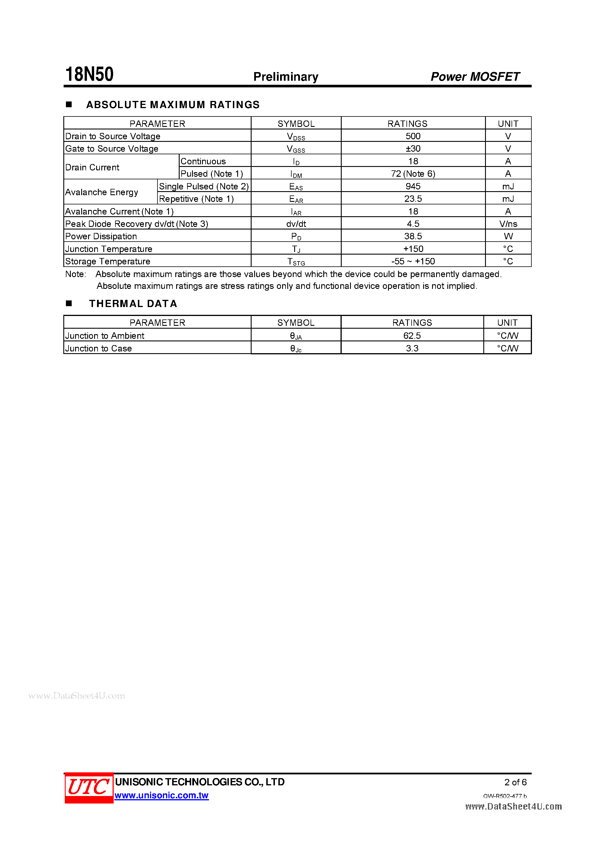 Даташит 18N50 - N-CHANNEL POWER MOSFET страница 2