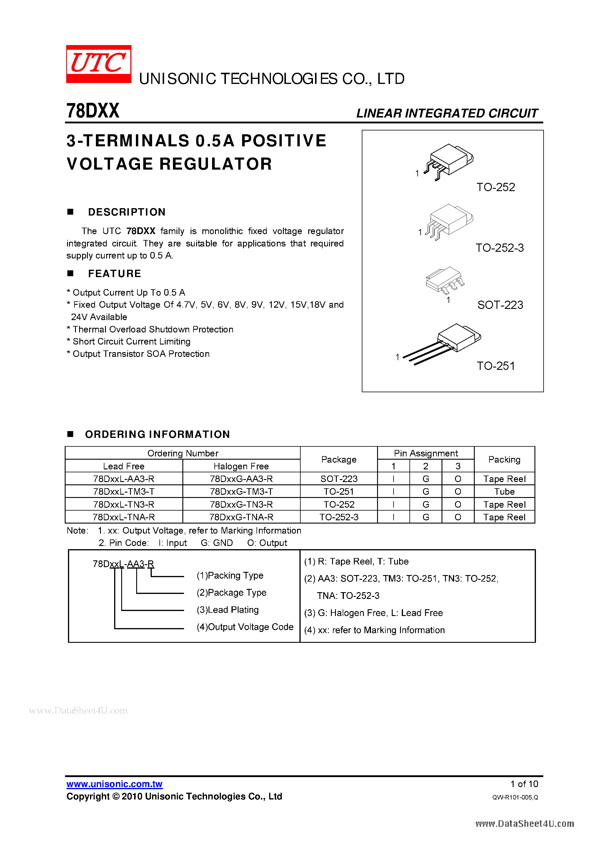 Datasheet 78DXX - 3-TERMINALS 0.5A POSITIVE VOLTAGE REGULATOR page 1