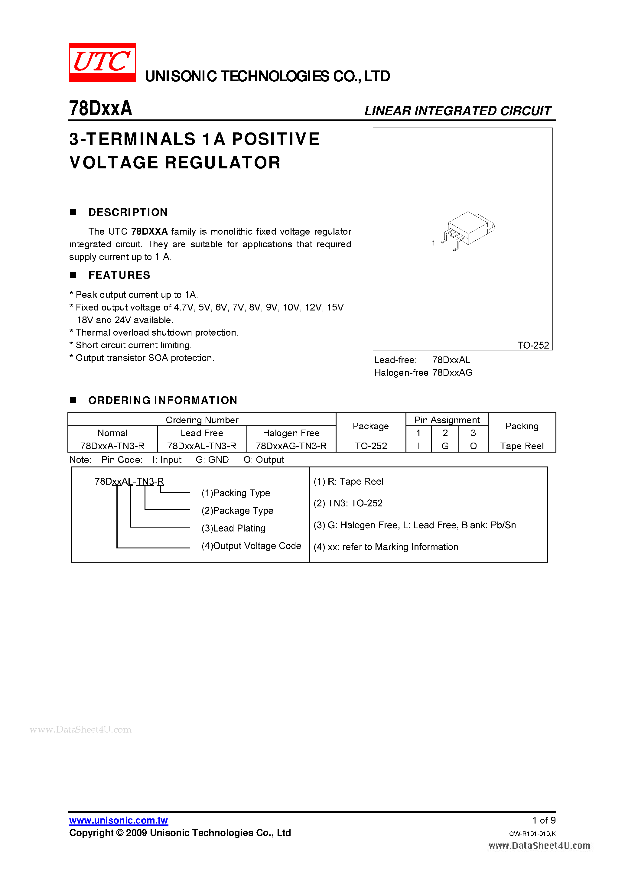 Datasheet 78DXXA - 3-TERMINALS 1A POSITIVE VOLTAGE REGULATOR page 1