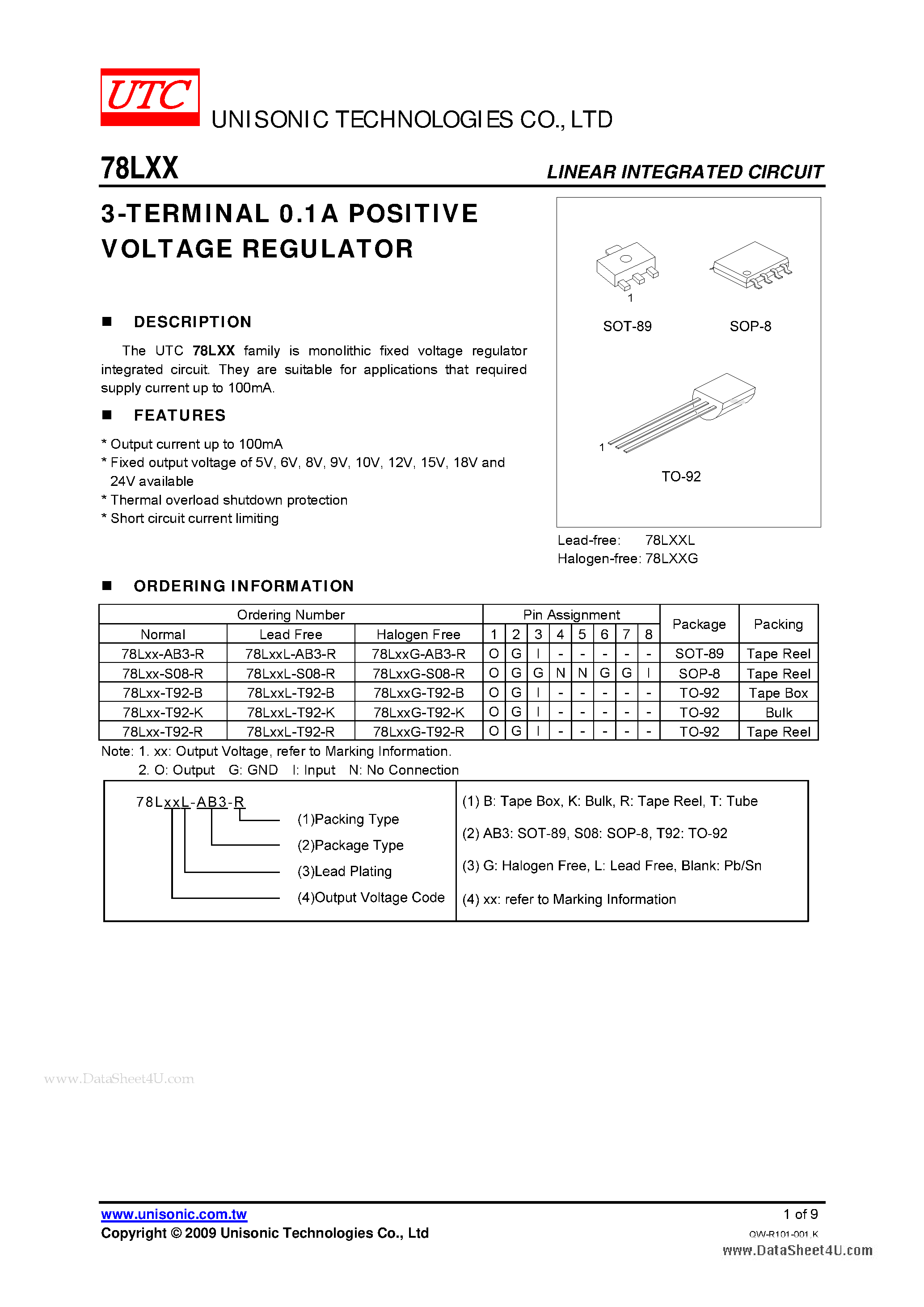 Datasheet 78LXX - 3-TERMINALS 0.1A POSITIVE VOLTAGE REGULATOR page 1