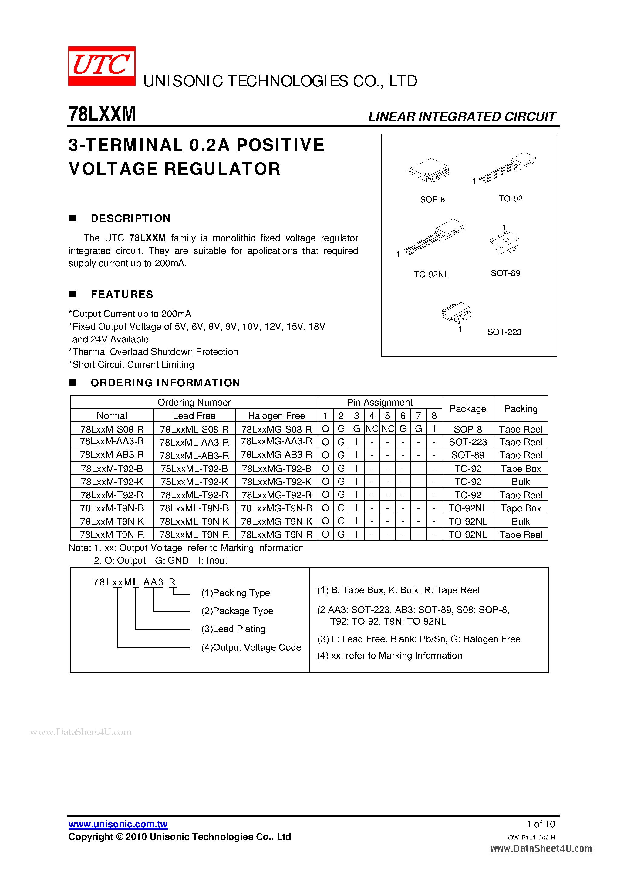 Datasheet 78LXXM - 3-TERMINALS 0.2A POSITIVE VOLTAGE REGULATOR page 1