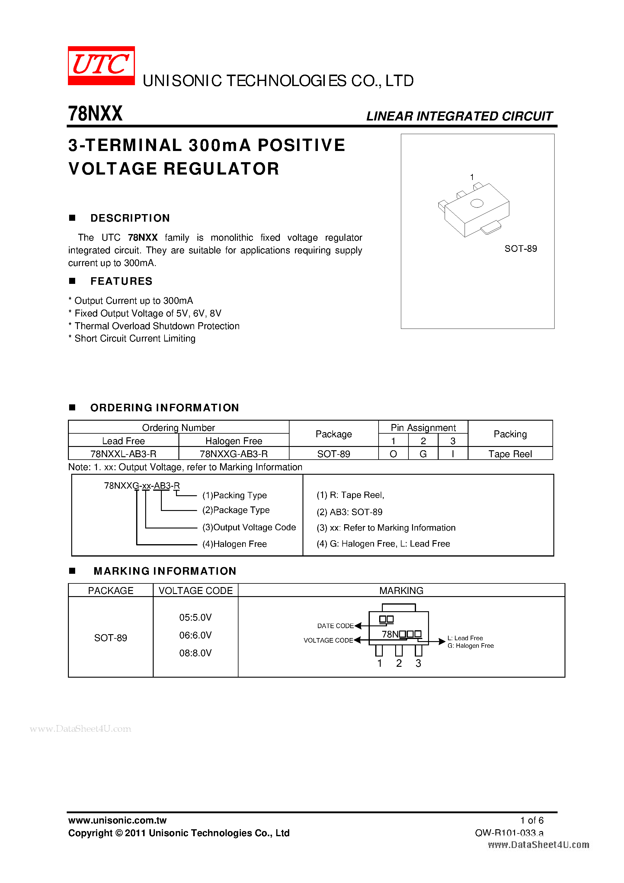 Datasheet 78MXX - 3-TERMINALS 300mA POSITIVE VOLTAGE REGULATOR page 1