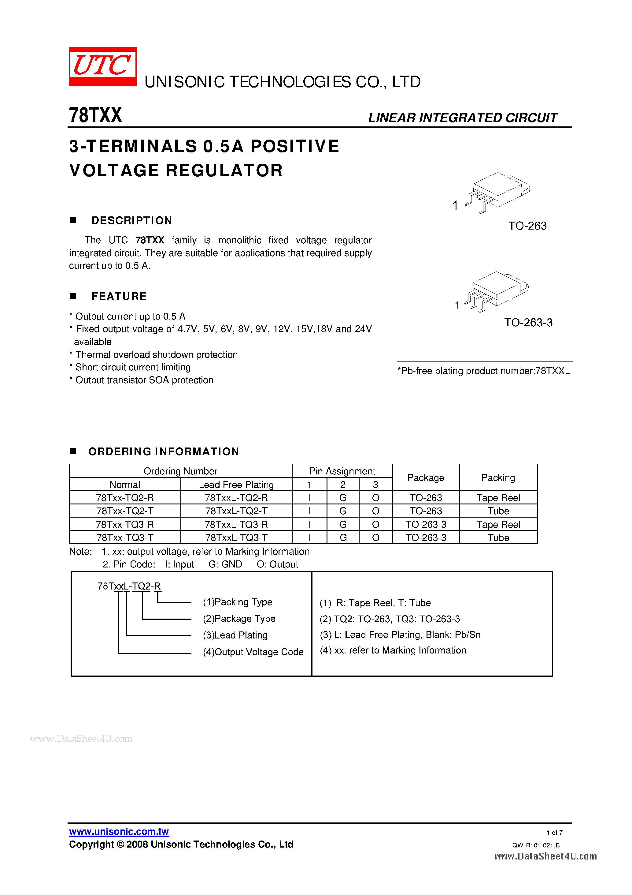 Datasheet 78TXX - 3-TERMINALS 0.5A POSITIVE VOLTAGE REGULATOR page 1