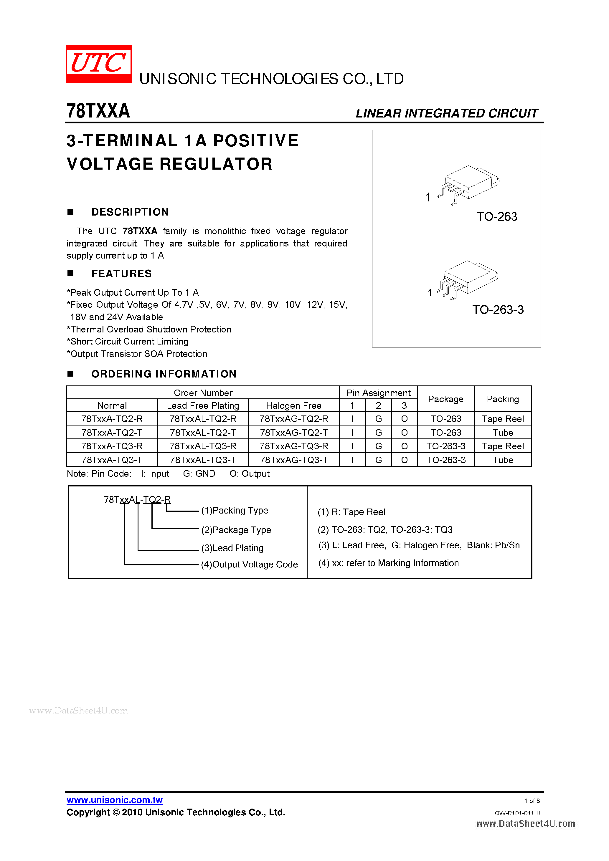 Datasheet 78TXXA - 3-TERMINALS 1A POSITIVE VOLTAGE REGULATOR page 1