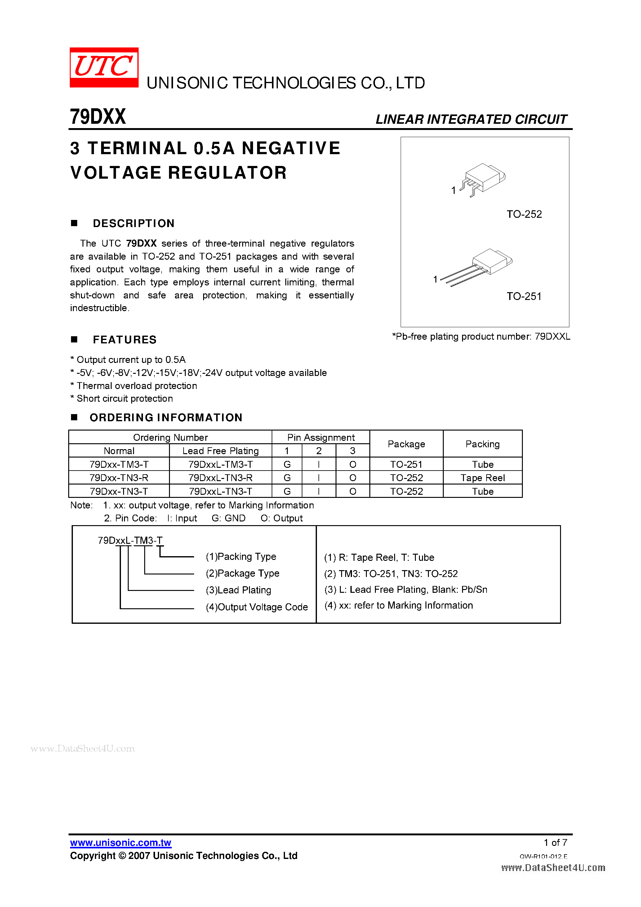 Datasheet 79DXX - 3-TERMINAL 0.5A NEGATIVE VOLTAGE REGULATOR page 1