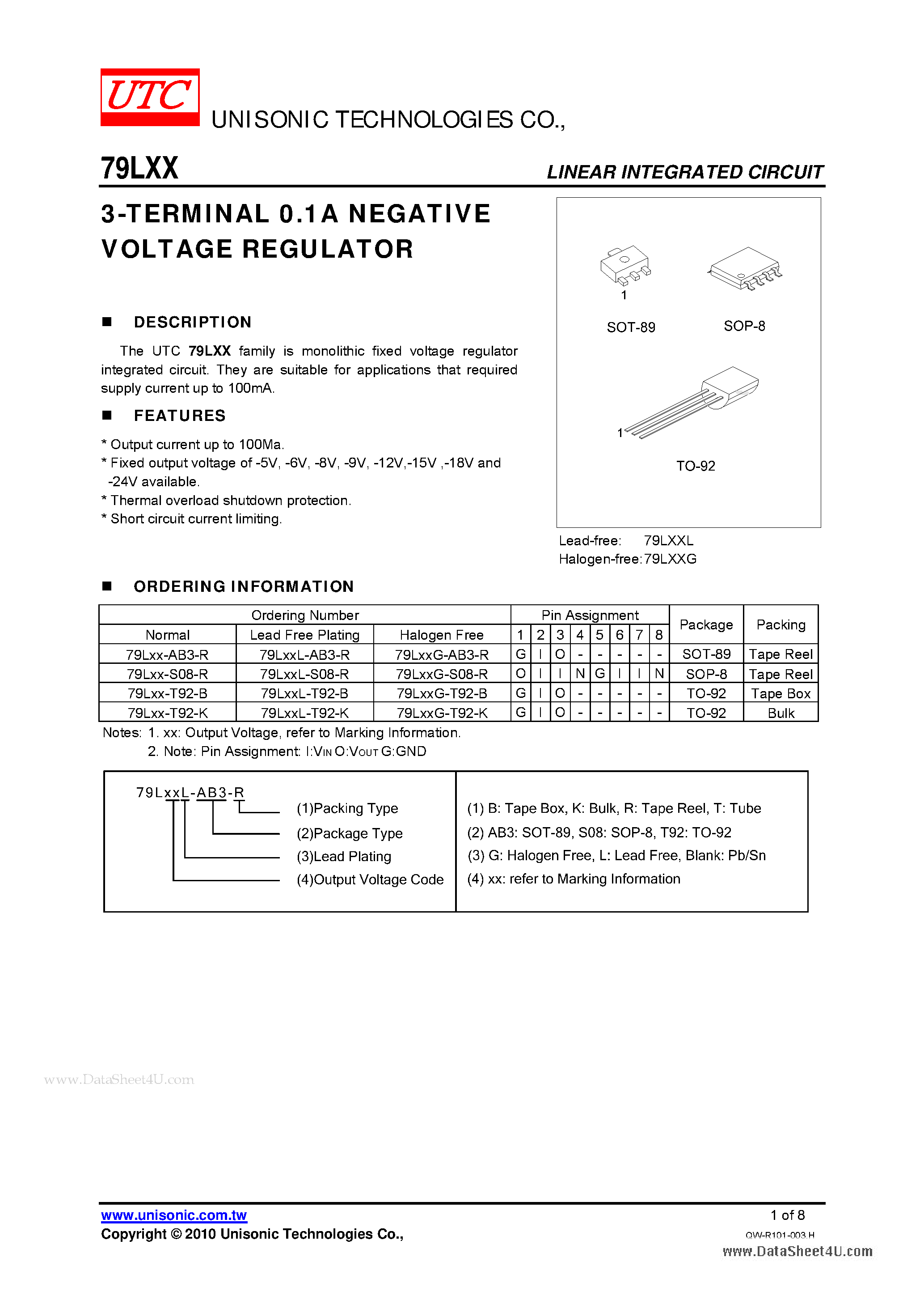 Datasheet 79LXX - 3-TERMINAL 0.1A NEGATIVE VOLTAGE REGULATOR page 1