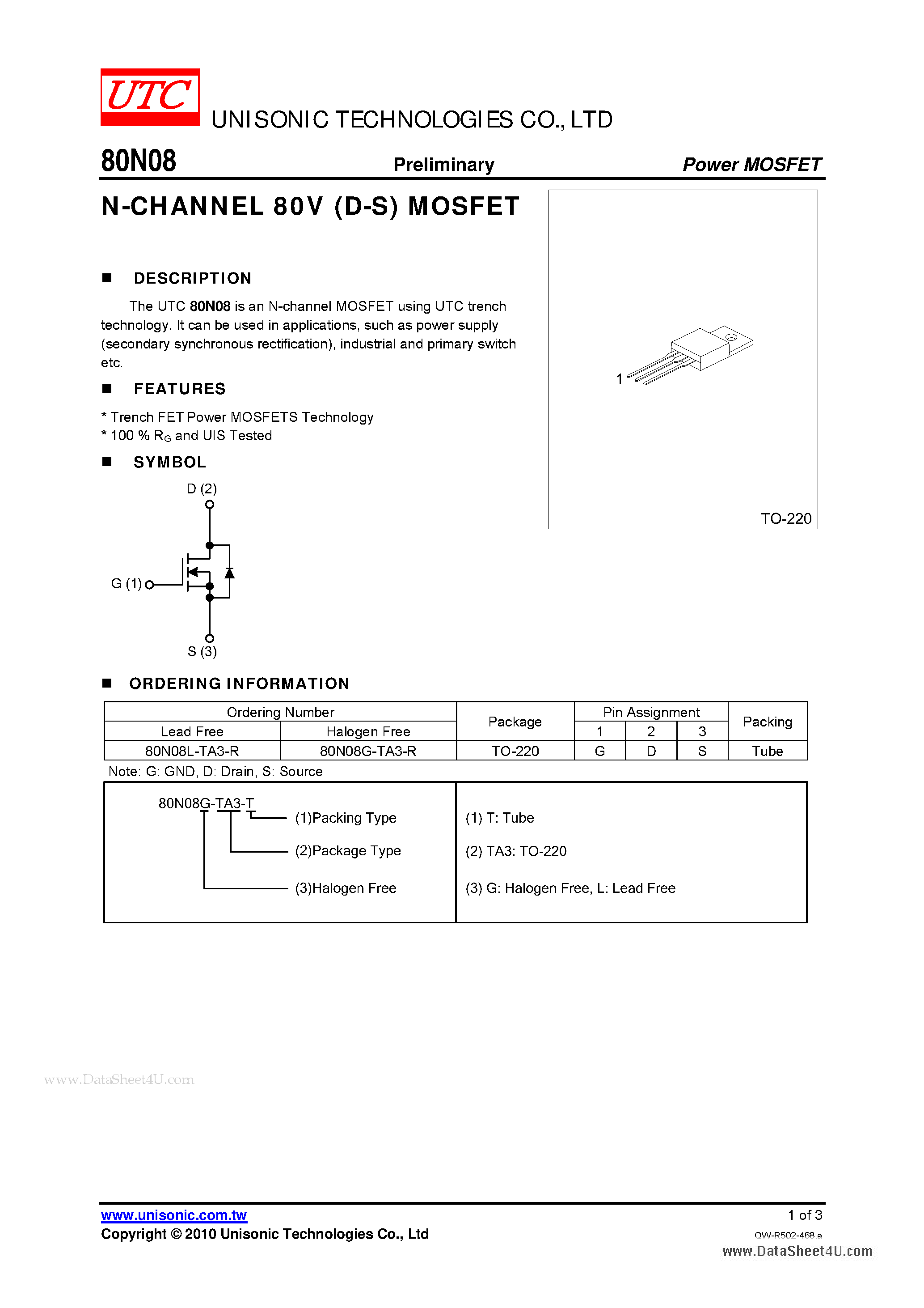 Даташит на микросхему 80N08 страница 1 Даташит 80N08 - N-CHANNEL 80V (D-S) MOSFET страница 1