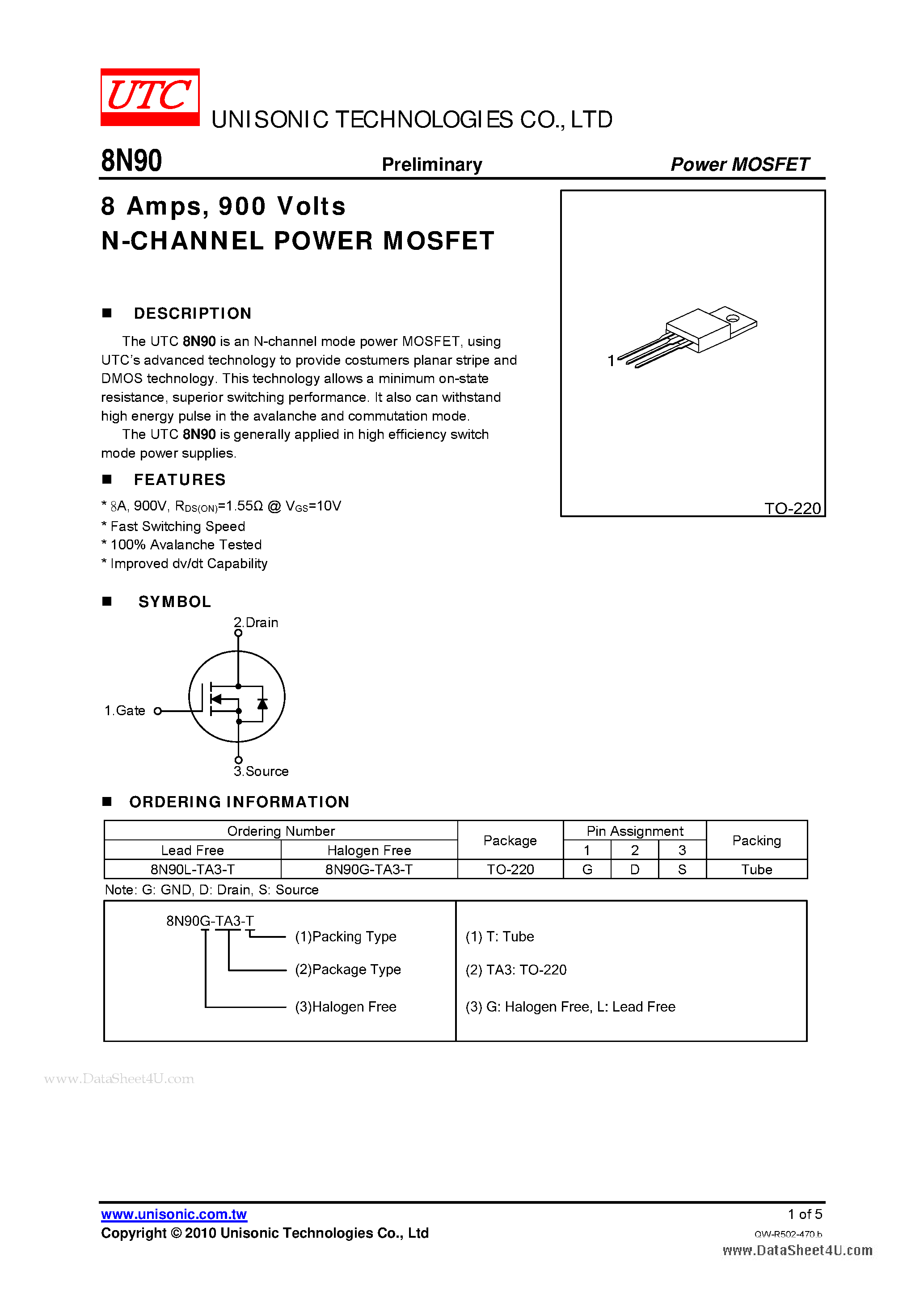 Даташит на микросхему 8N90 страница 1 Даташит 8N90 - 900V N-CHANNEL MOSFET страница 1