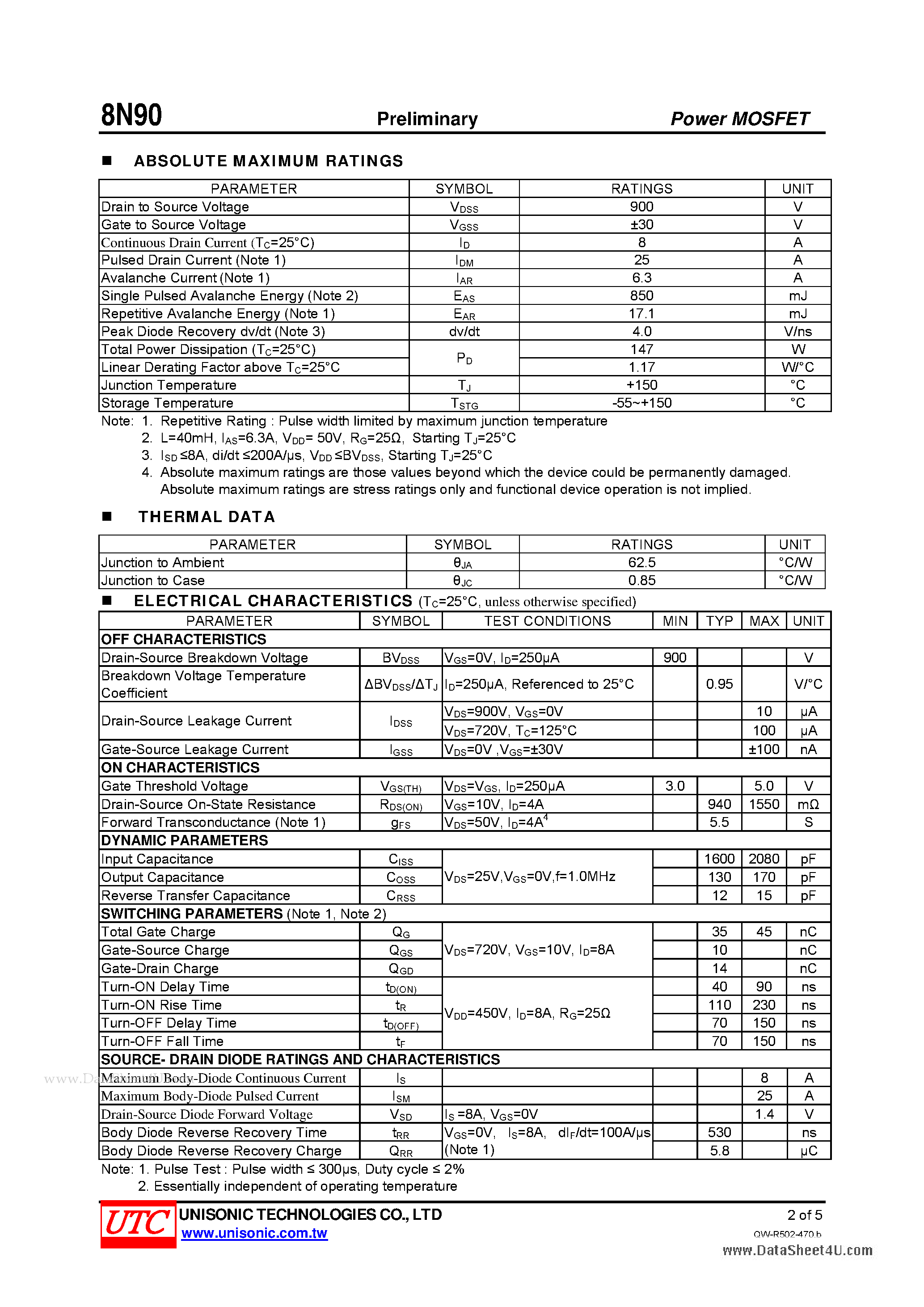 Даташит на микросхему 8N90 страница 2 Даташит 8N90 - 900V N-CHANNEL MOSFET страница 2