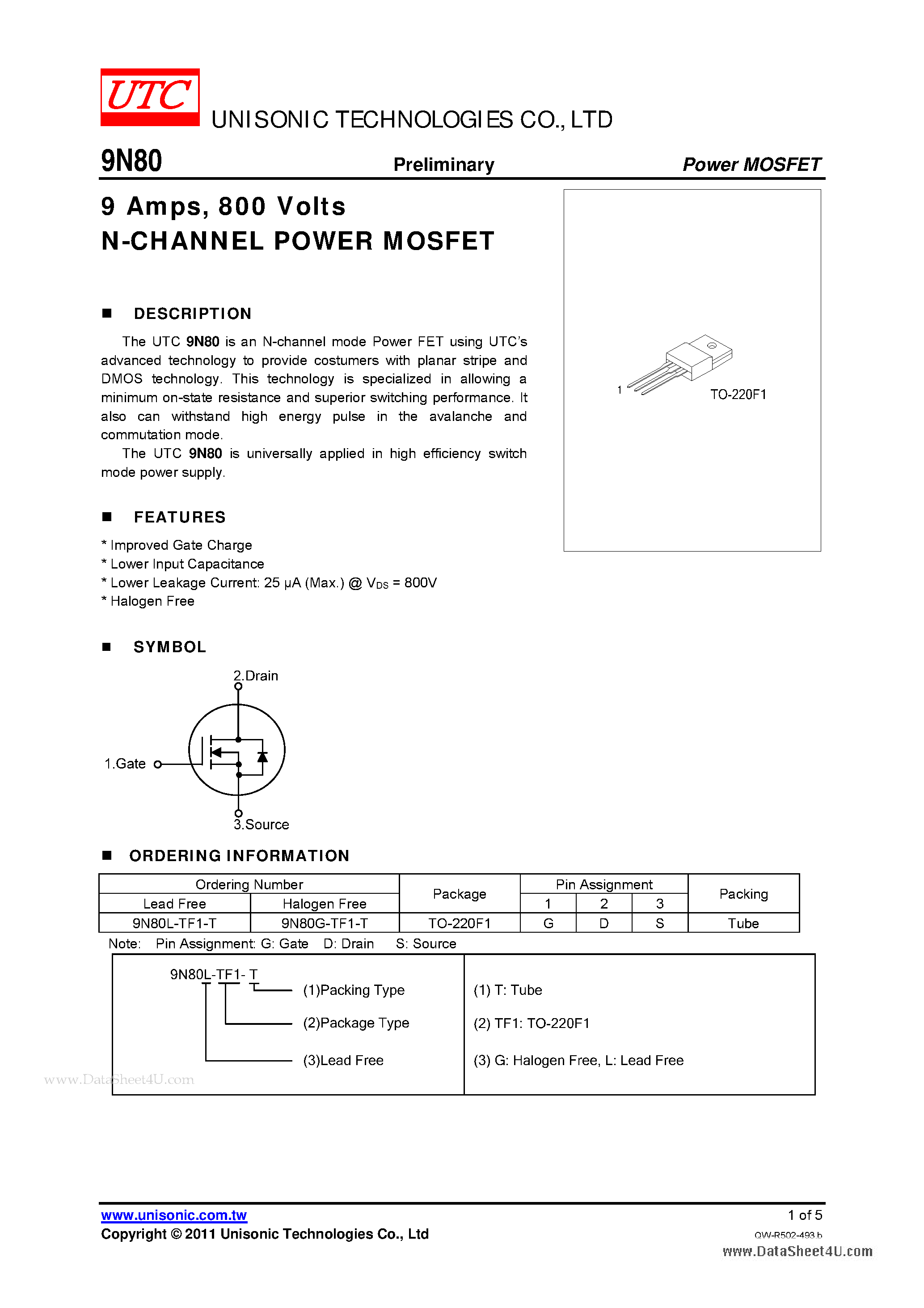 Даташит на микросхему 9N80 страница 1 Даташит 9N80 - 800 Volts N-CHANNEL POWER MOSFET страница 1