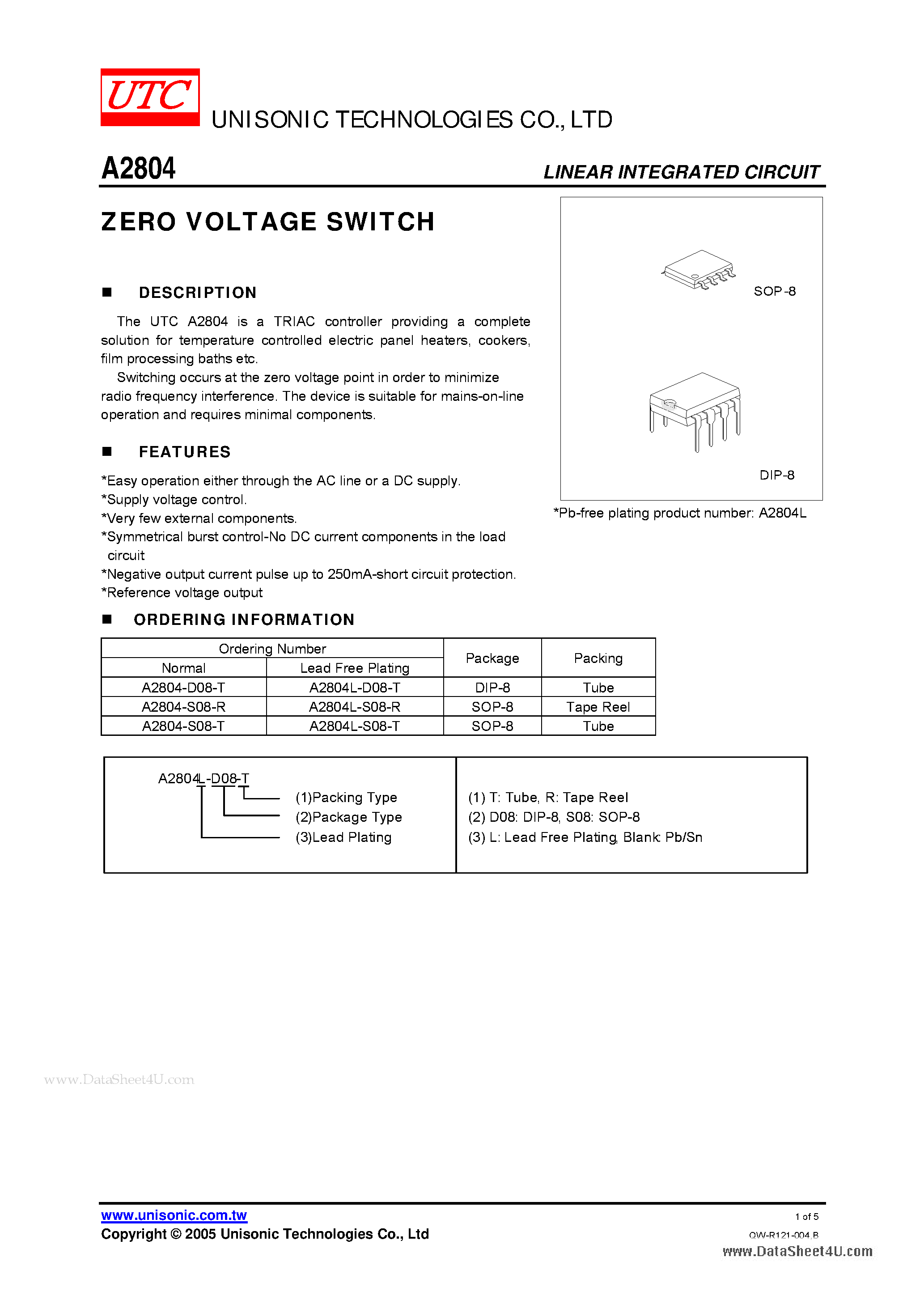 Даташит на микросхему A2804 страница 1 Даташит A2804 - ZERO VOLTAGE SWITCH страница 1