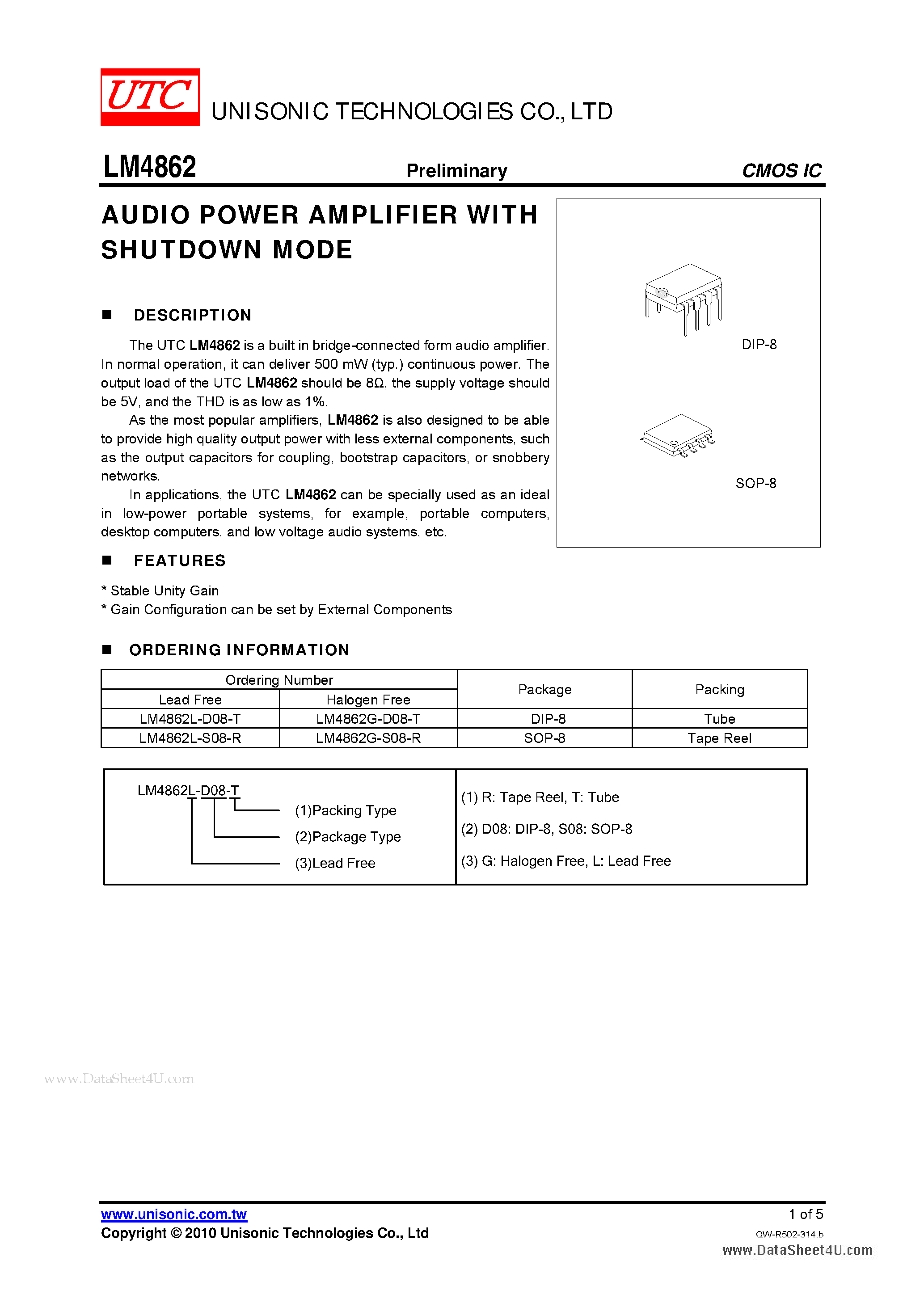 Datasheet LM4862 - AUDIO POWER AMPLIFIER page 1