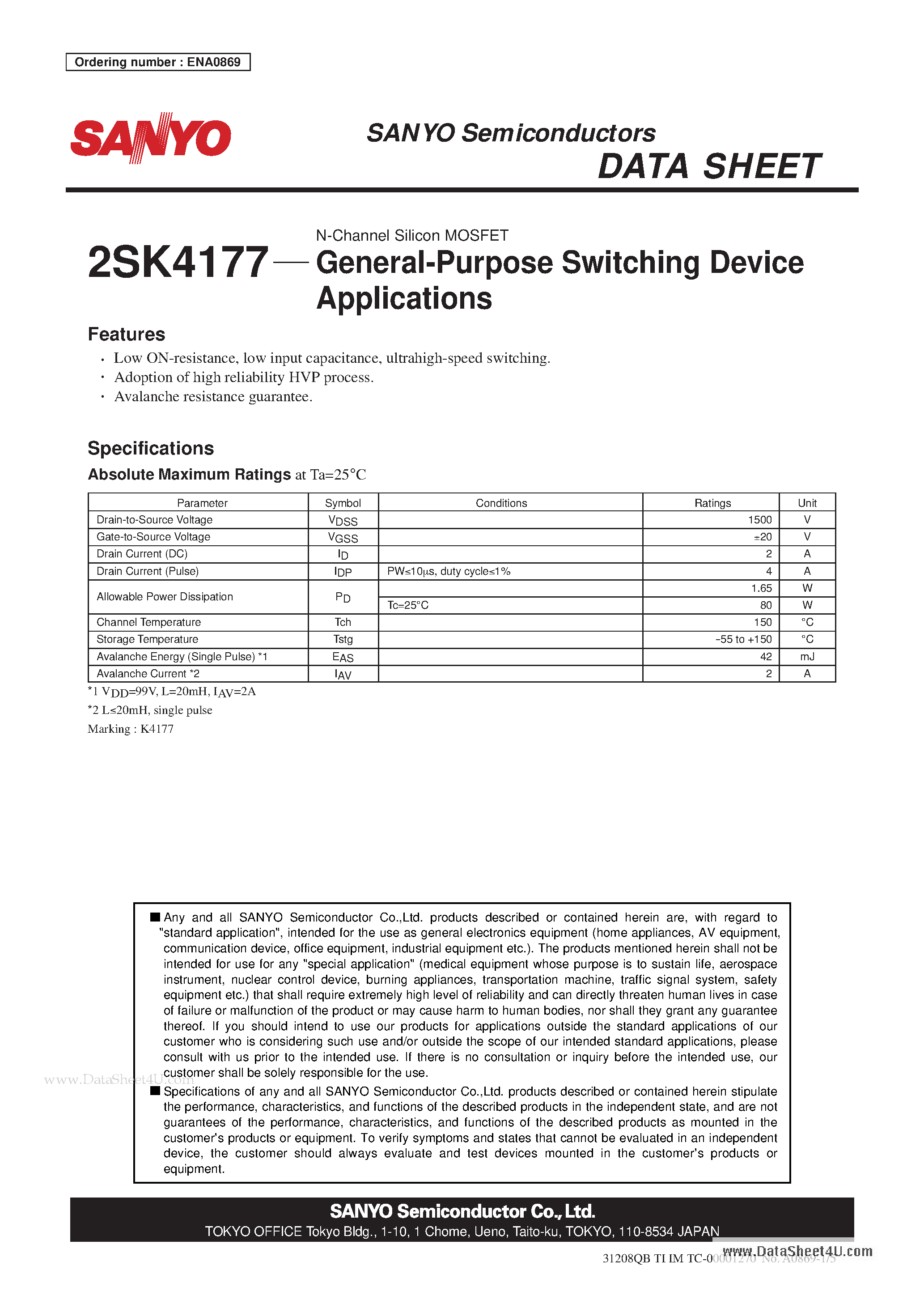 Datasheet 2SK4177 - N-Channel Silicon MOSFET page 1
