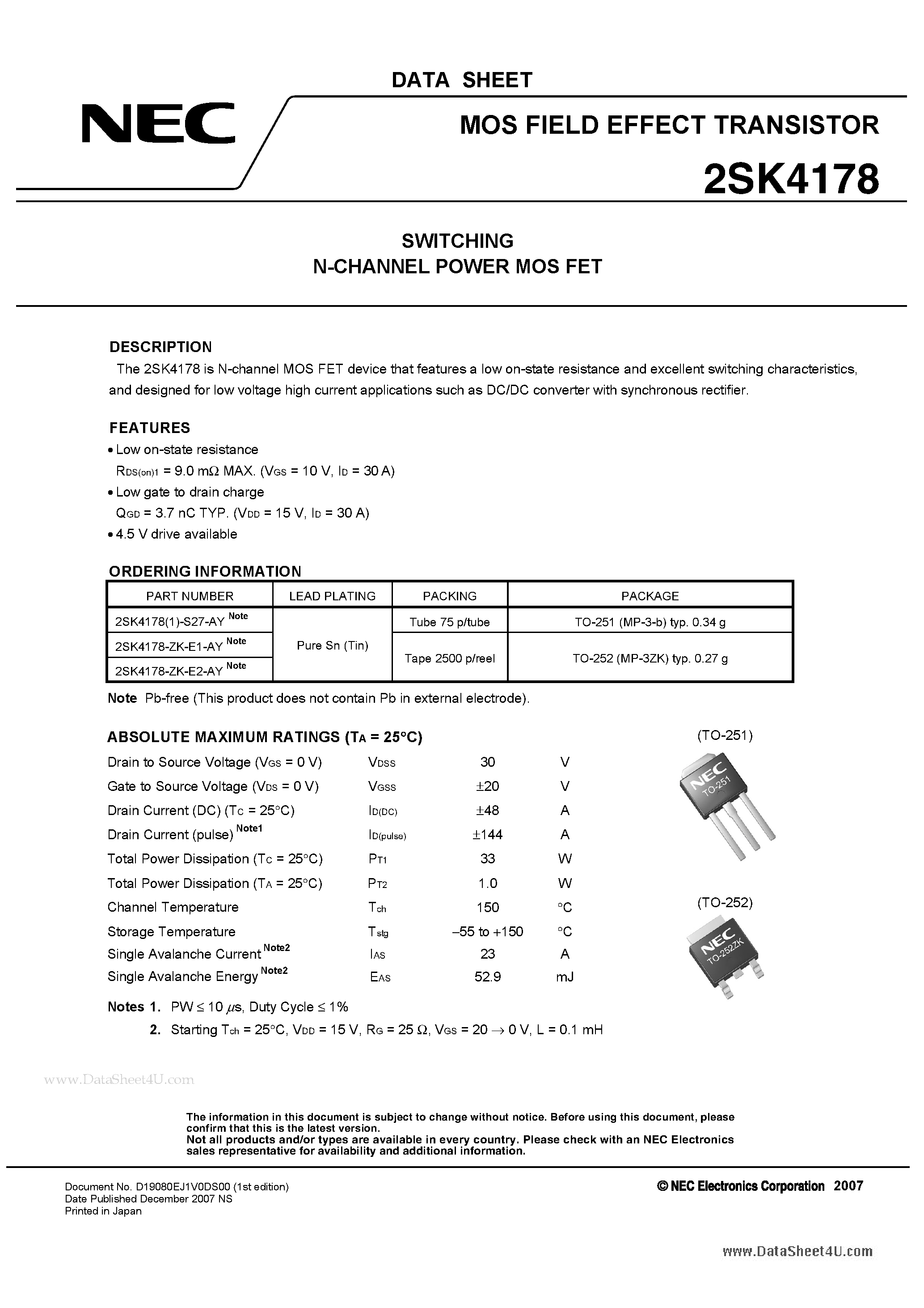 Даташит 2SK4178 - N-CHANNEL POWER MOS FET страница 1