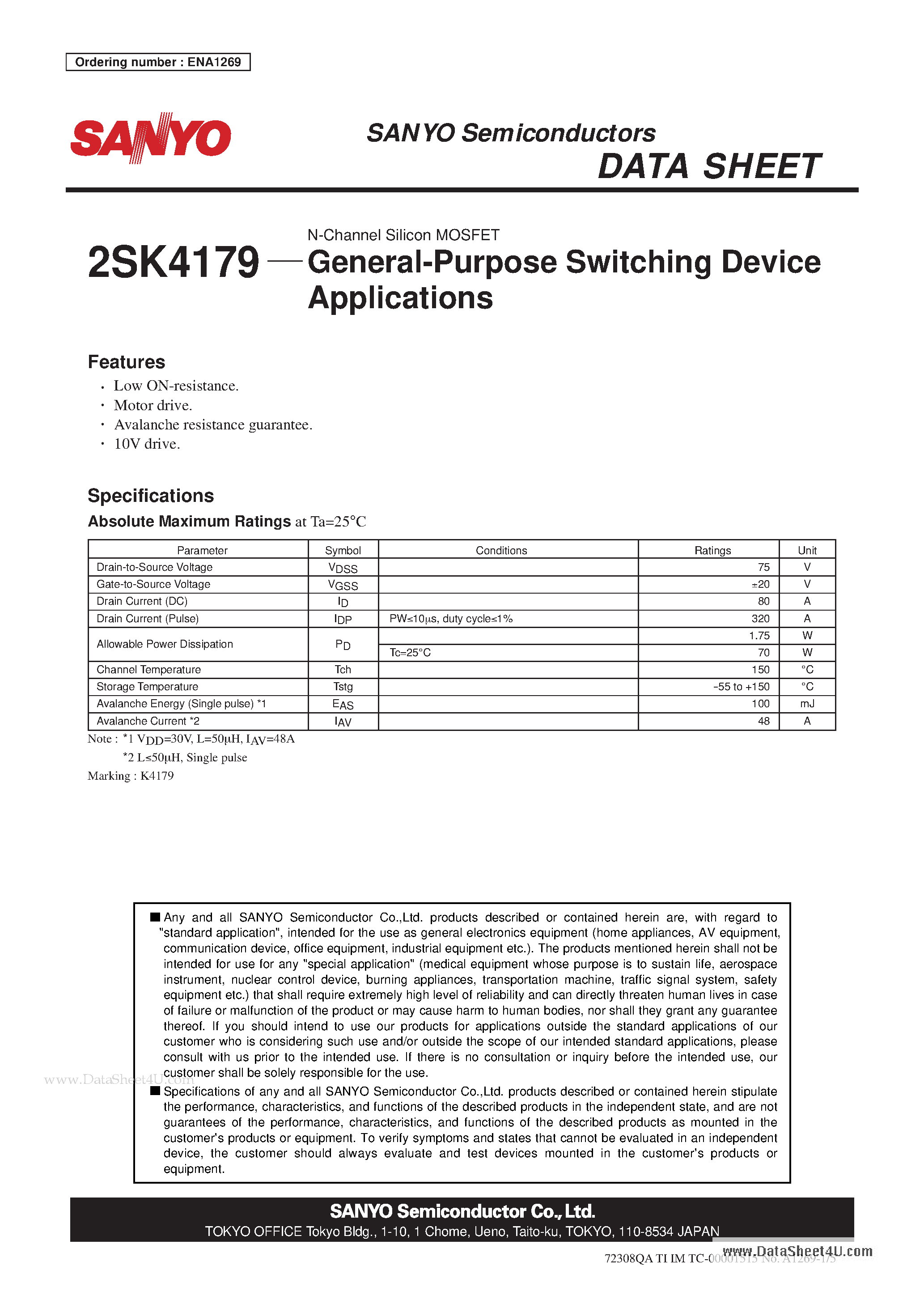 Datasheet 2SK4179 - N-Channel Silicon MOSFET page 1