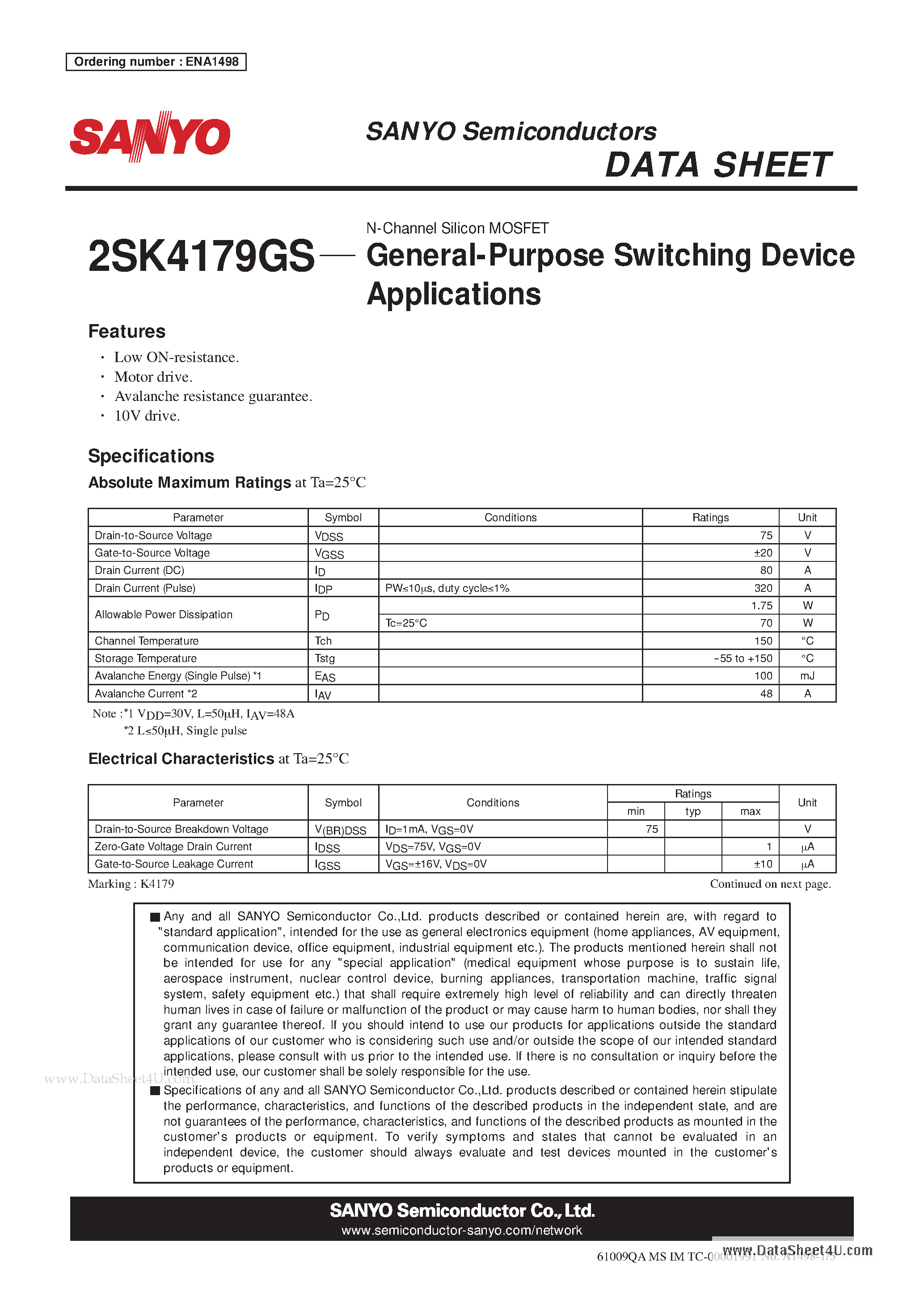 Datasheet 2SK4179GS page 1 Datasheet 2SK4179GS - General-Purpose Switching Device page 1