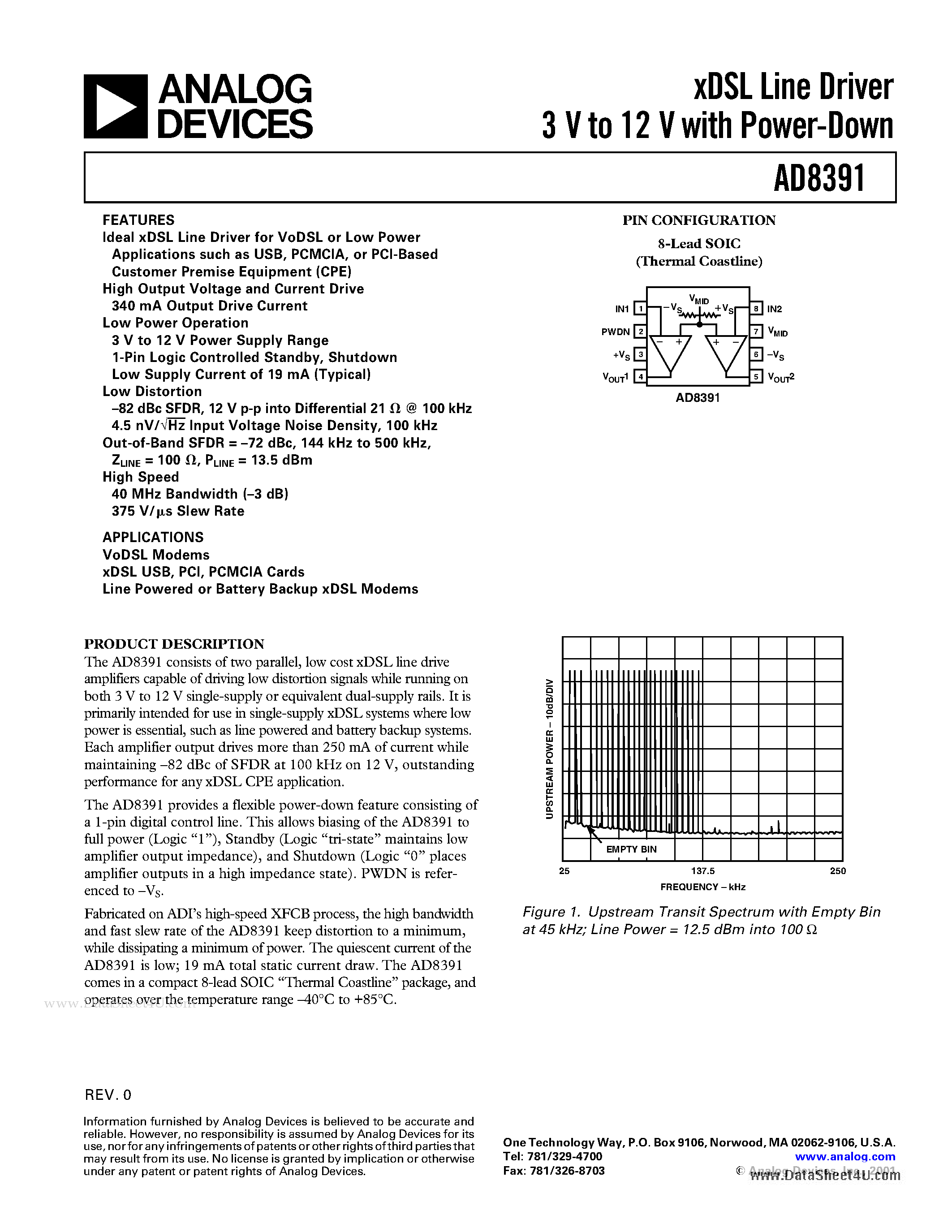 Datasheet AD8391 page 1 Datasheet AD8391 - DSL Line Driver page 1