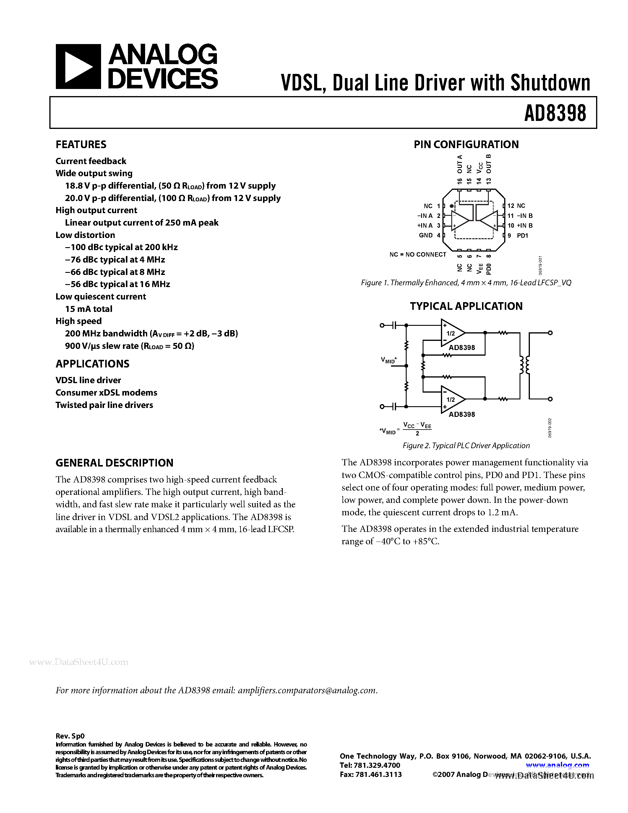 Datasheet AD8398 - VDSL / Dual Line Driver page 1
