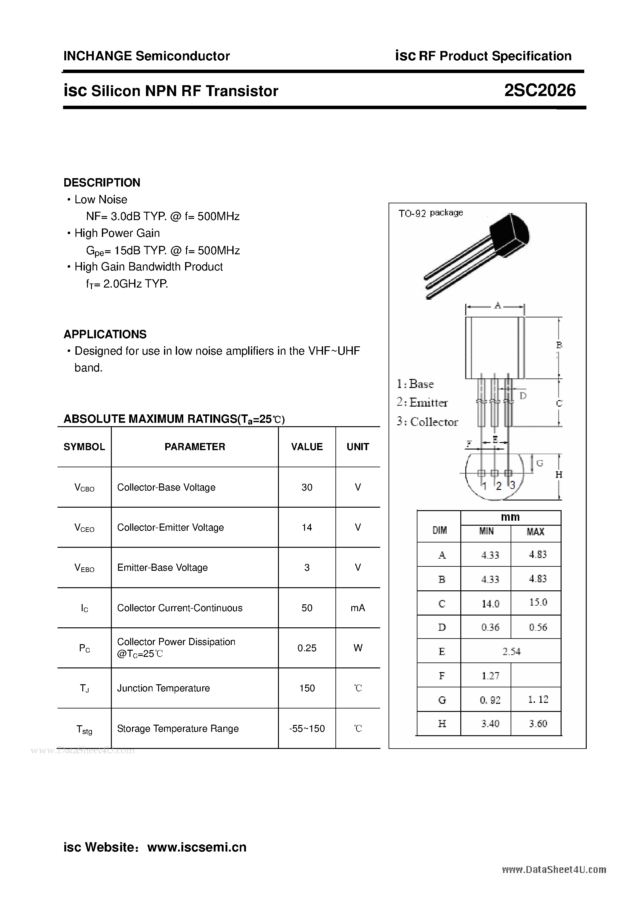 Datasheet 2SC2026 - Silicon NPN RF Transistor page 1