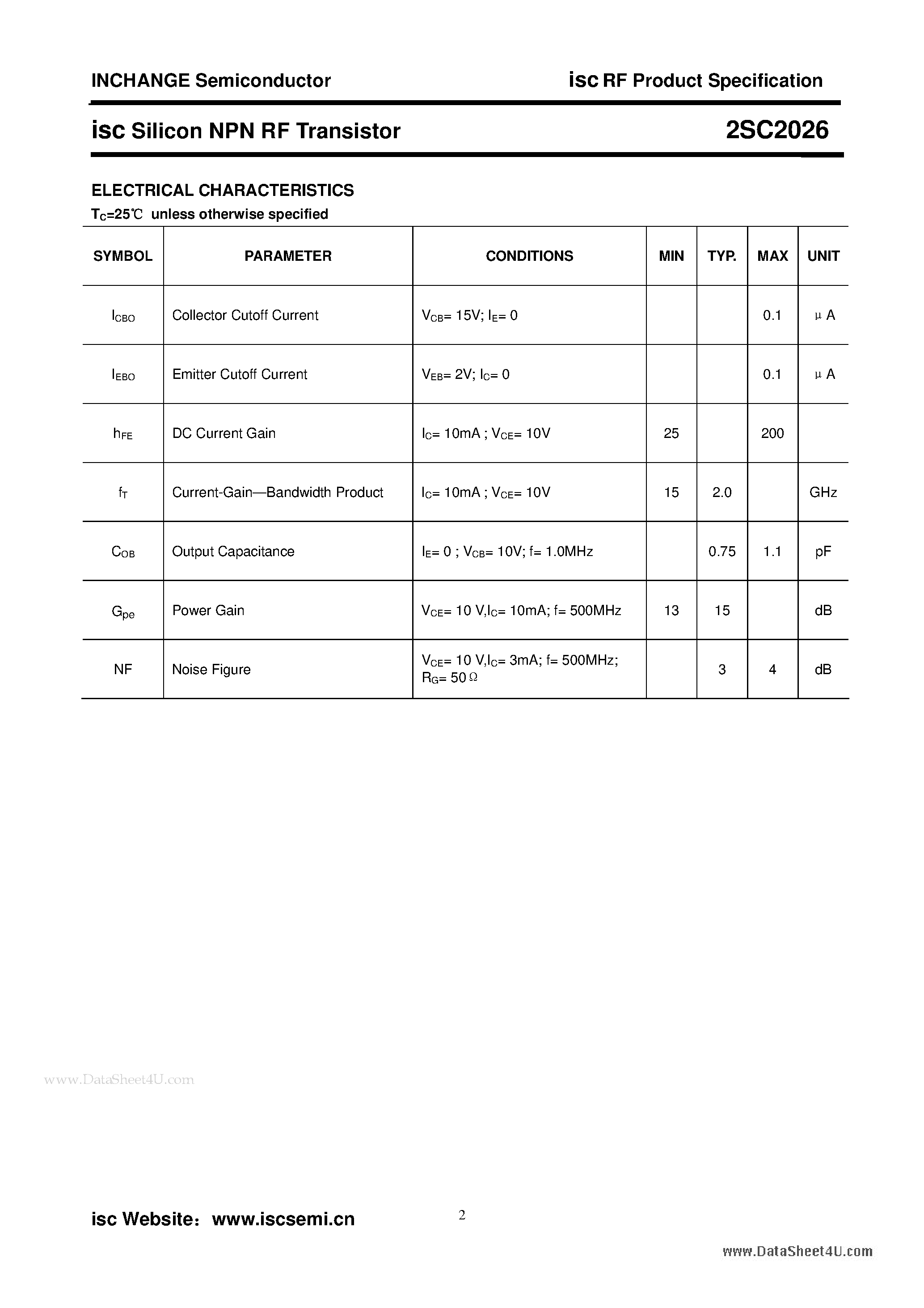Datasheet 2SC2026 page 2 Datasheet 2SC2026 - Silicon NPN RF Transistor page 2