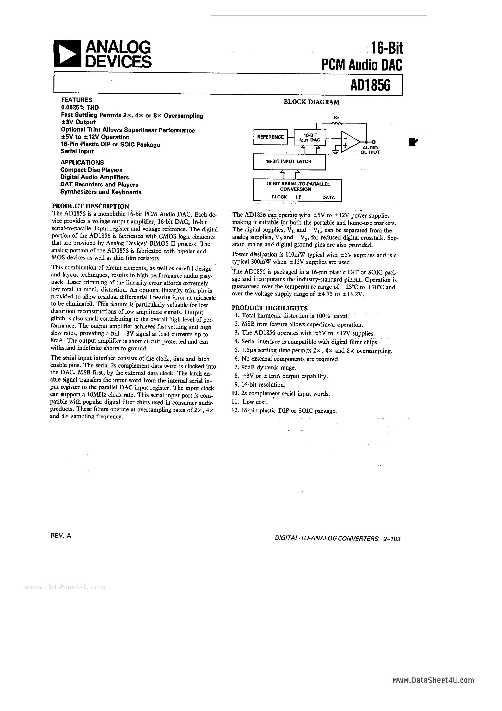 Datasheet AD1856 - 16-Bit PCM Audio DAC page 1