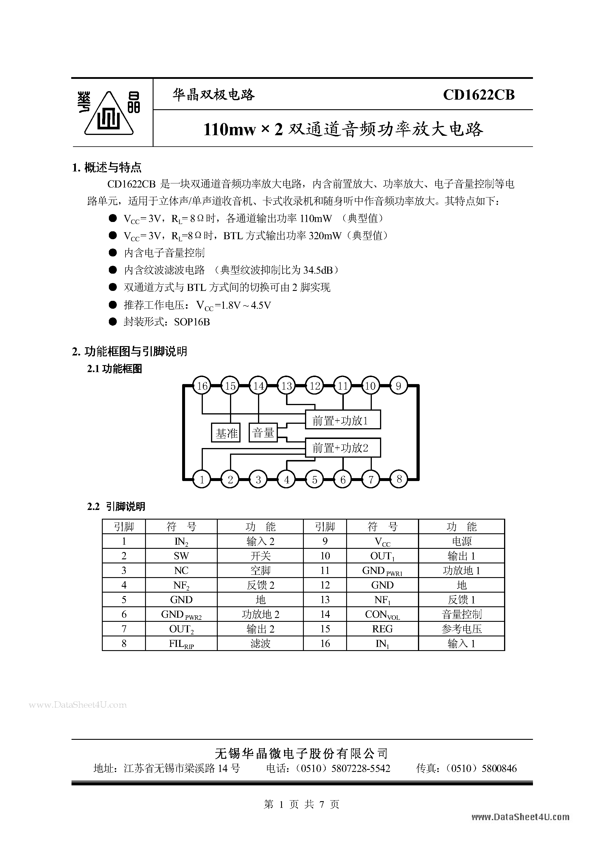 Даташит на микросхему CD1622CB страница 1 Даташит CD1622CB - 110mw X 2 страница 1
