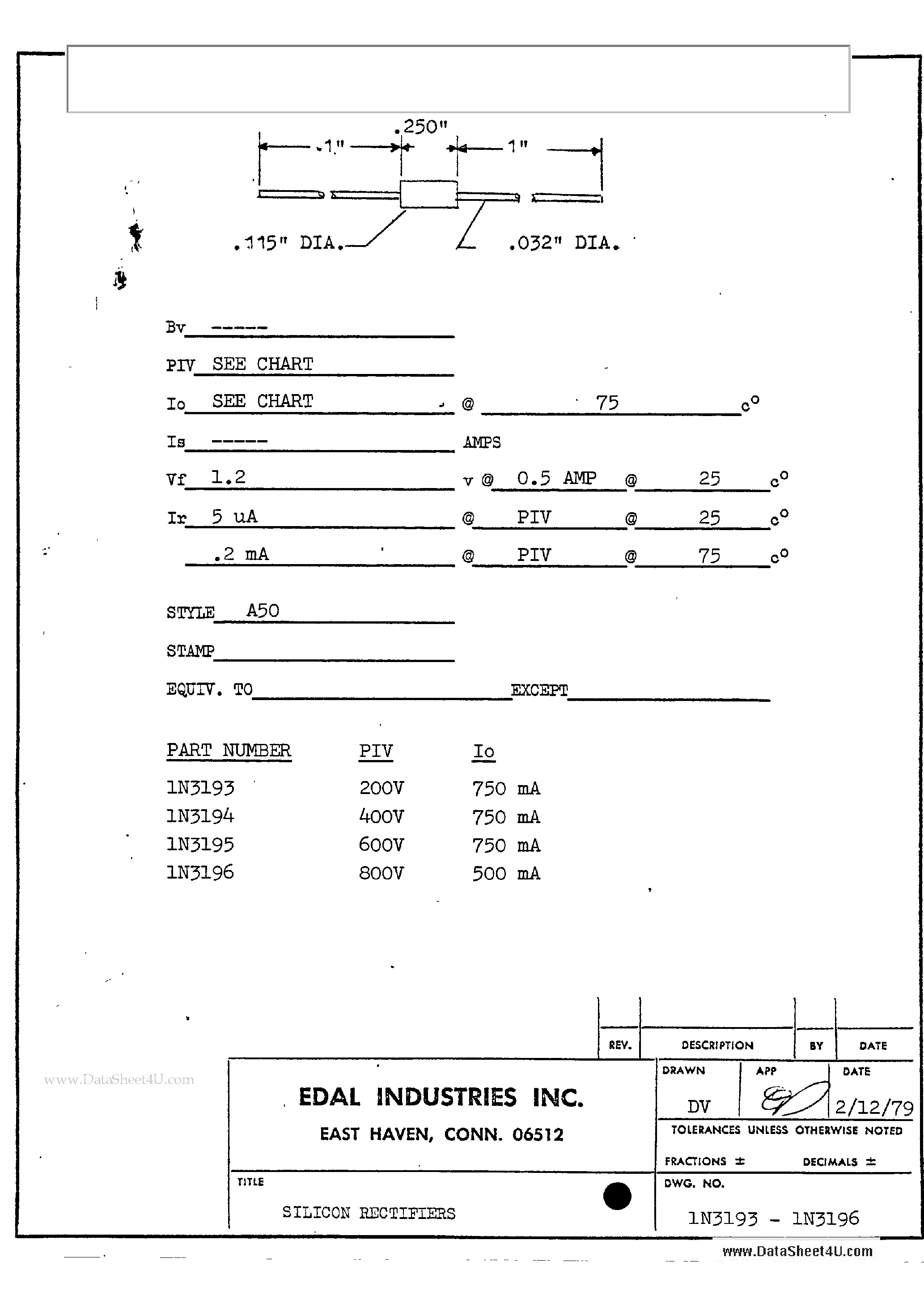 Datasheet 1N3193 page 1 Datasheet 1N3193 - (1N3193 - 1N3196) 200V Vrrm General Purpose Silicon Rectifier page 1