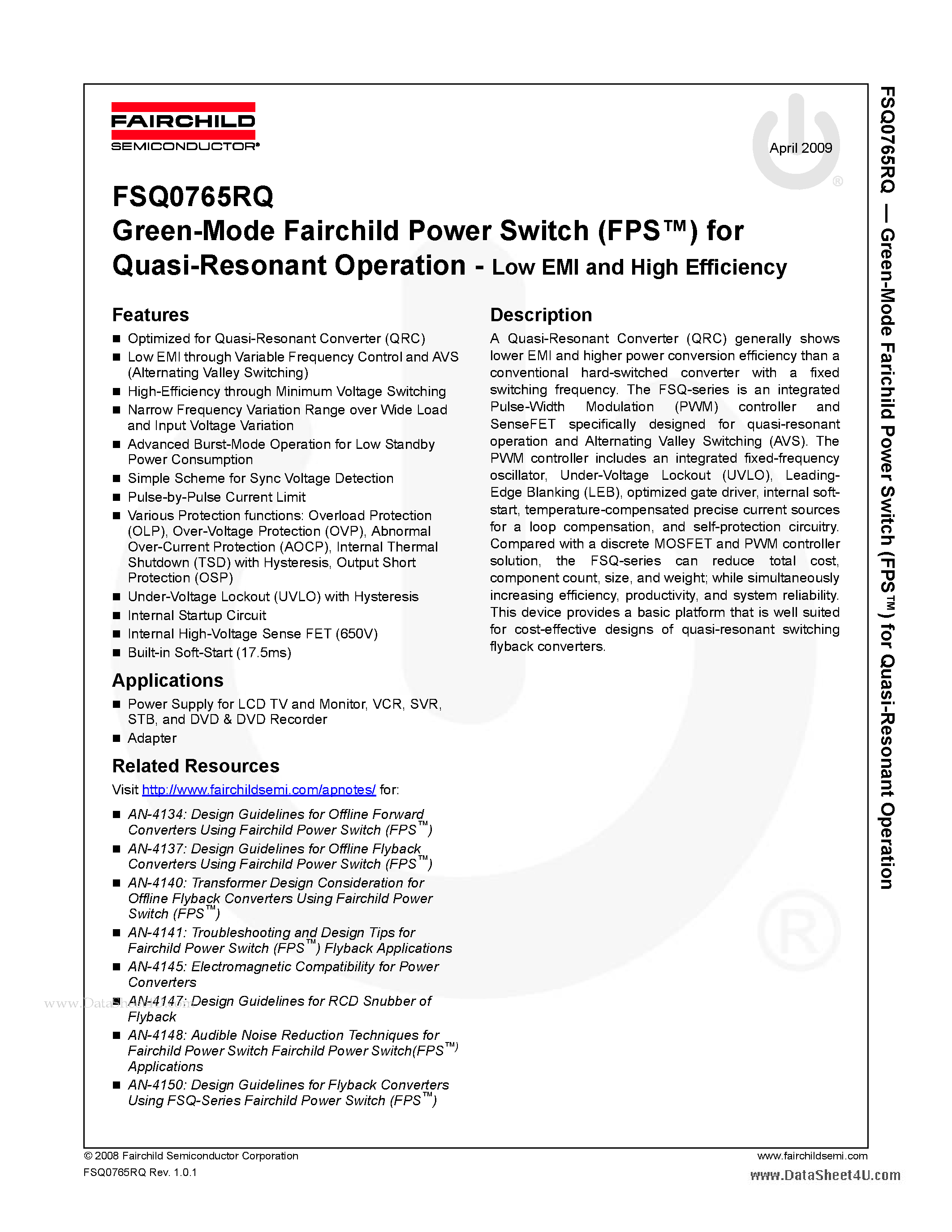 Даташит на микросхему FSQ0765RQ страница 1 Даташит FSQ0765RQ - Green-Mode Fairchild Power Switch страница 1