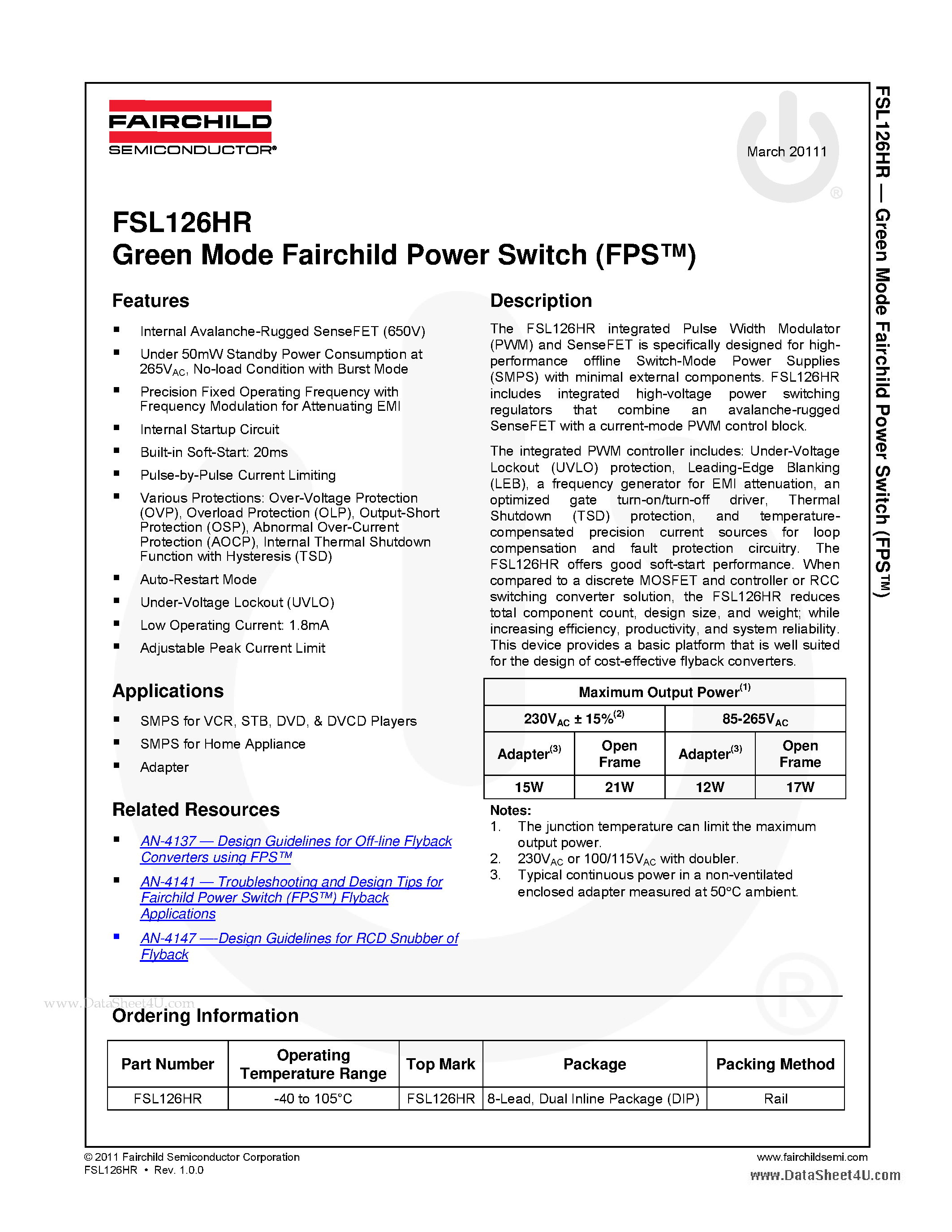 Даташит на микросхему FSL126HR страница 1 Даташит FSL126HR - Green Mode Fairchild Power Switch страница 1