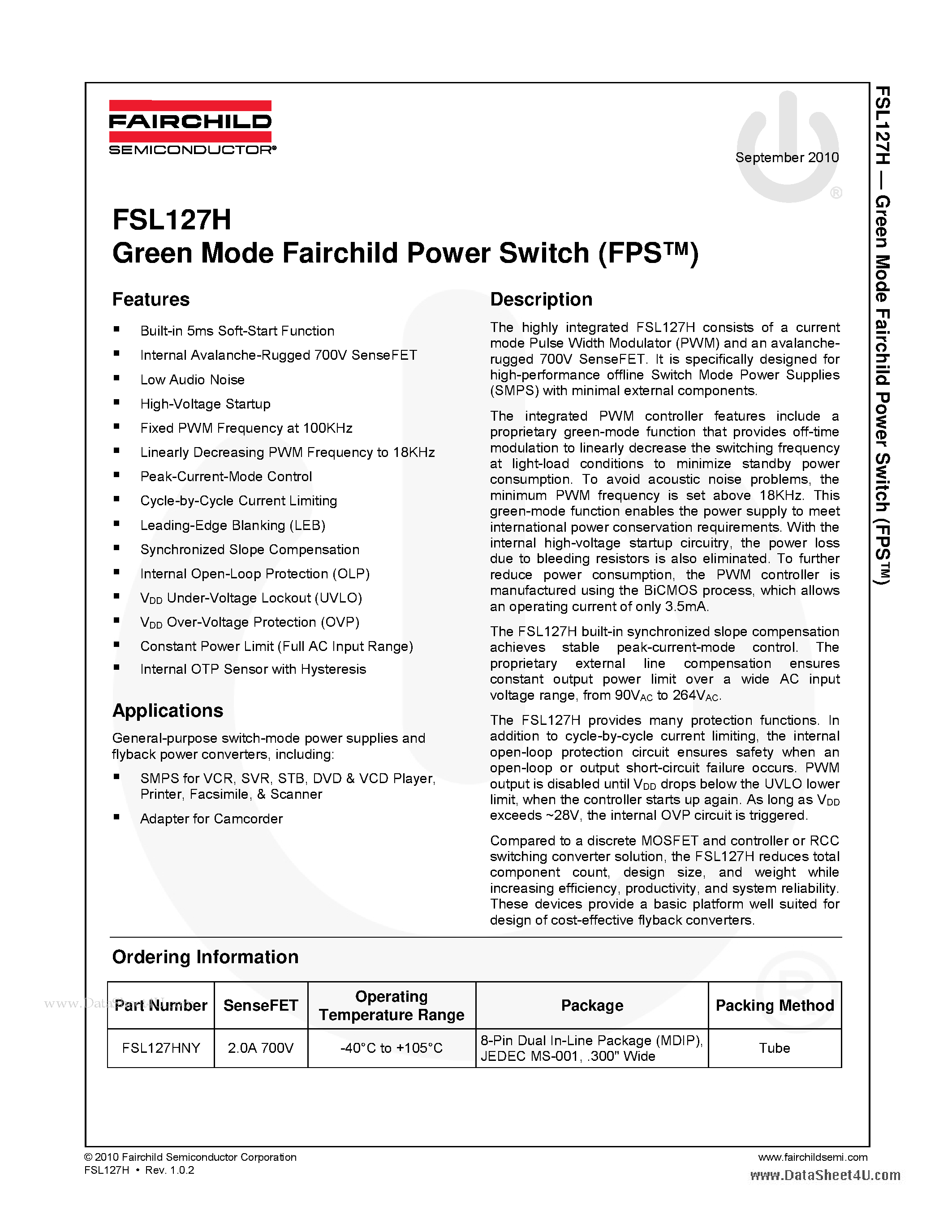 Даташит FSL127H - Green Mode Fairchild Power Switch страница 1