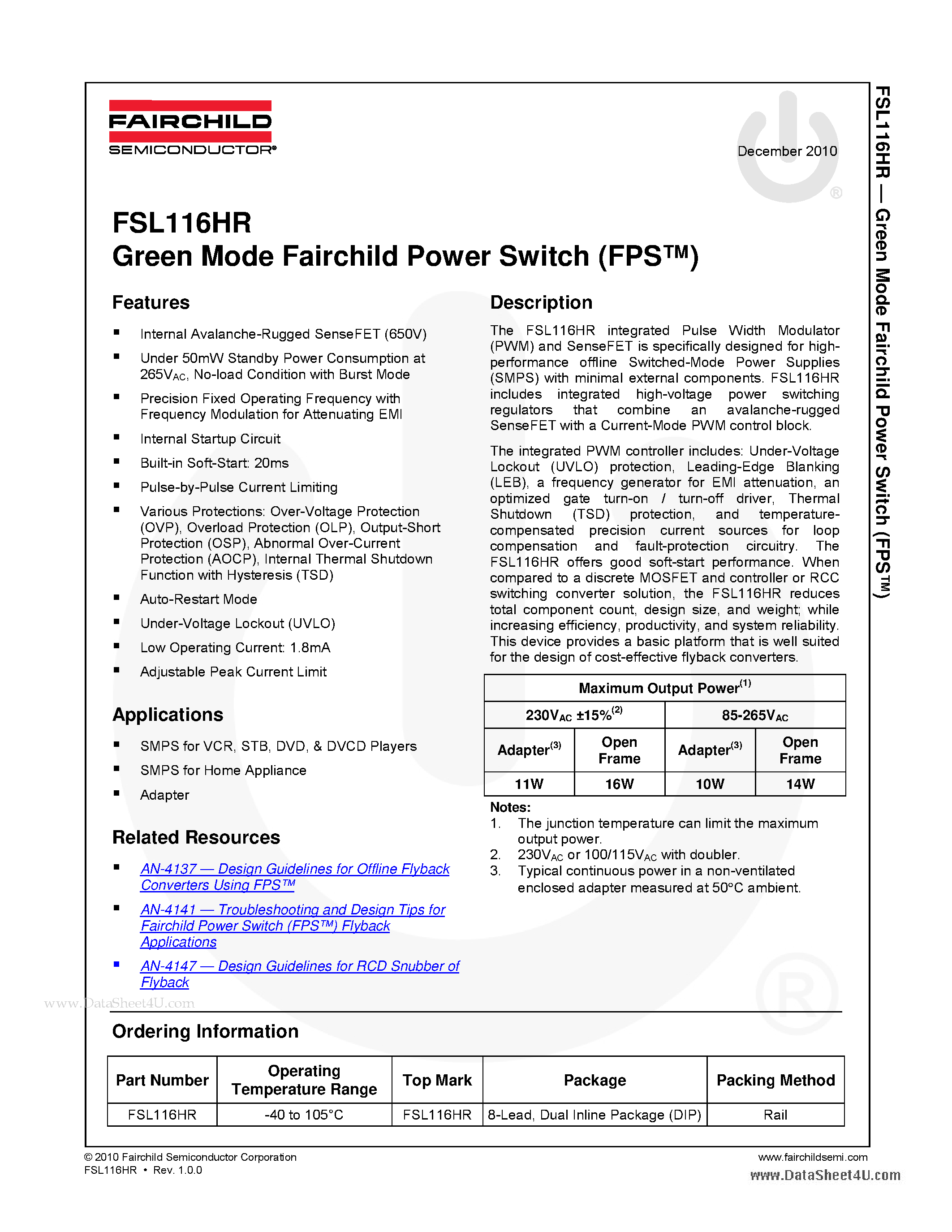 Даташит на микросхему FSL116HR страница 1 Даташит FSL116HR - Green Mode Fairchild Power Switch страница 1