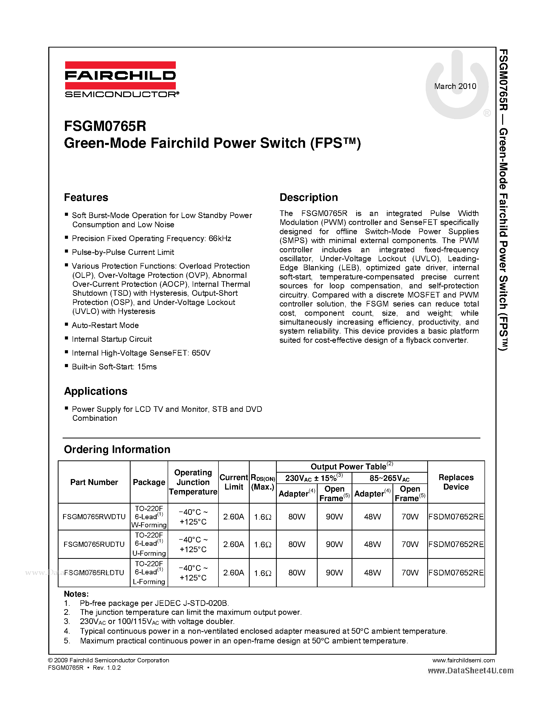 Даташит на микросхему FSGM0765R страница 1 Даташит FSGM0765R - Green-Mode Fairchild Power Switch страница 1