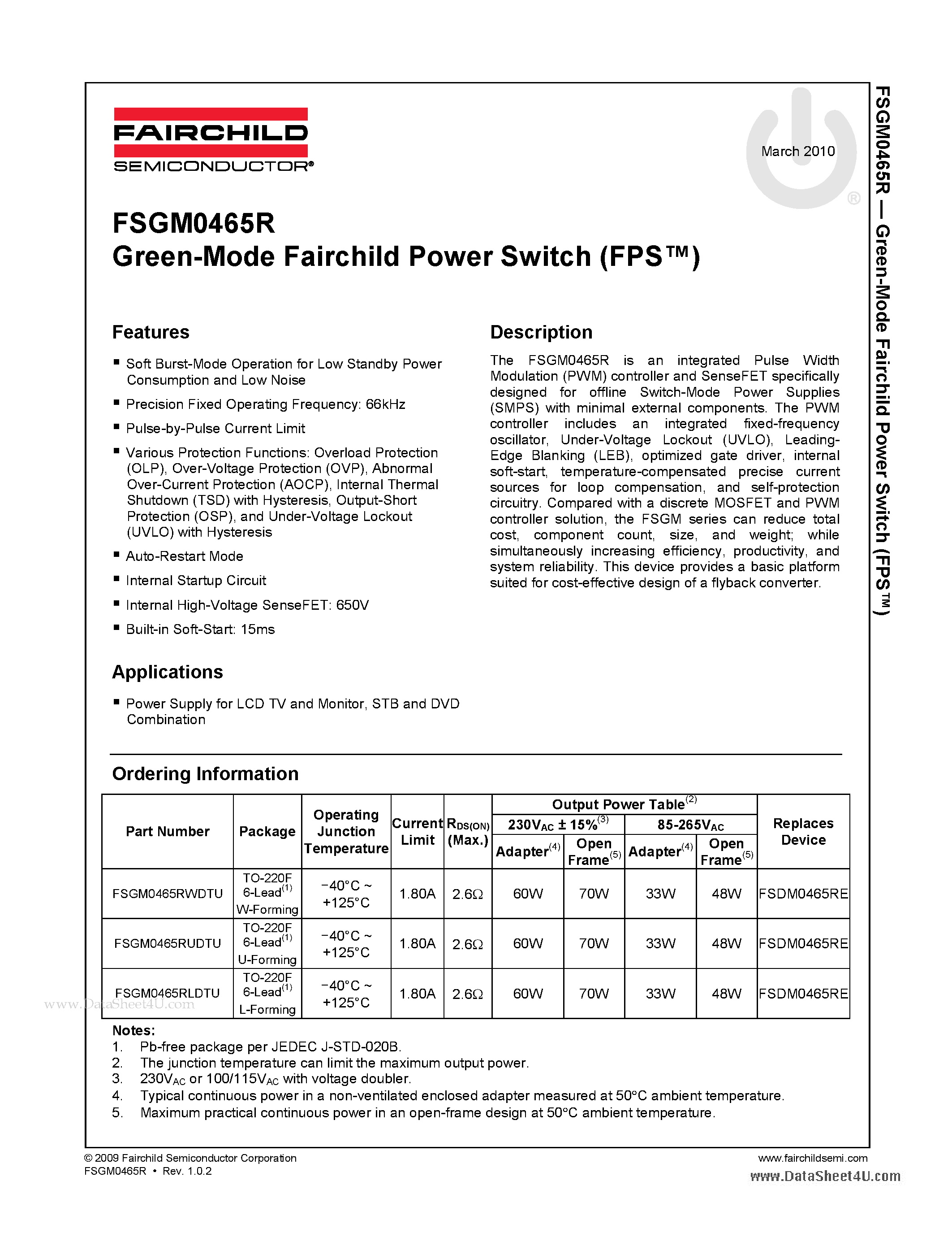 Даташит на микросхему FSGM0465R страница 1 Даташит FSGM0465R - Green-Mode Fairchild Power Switch страница 1