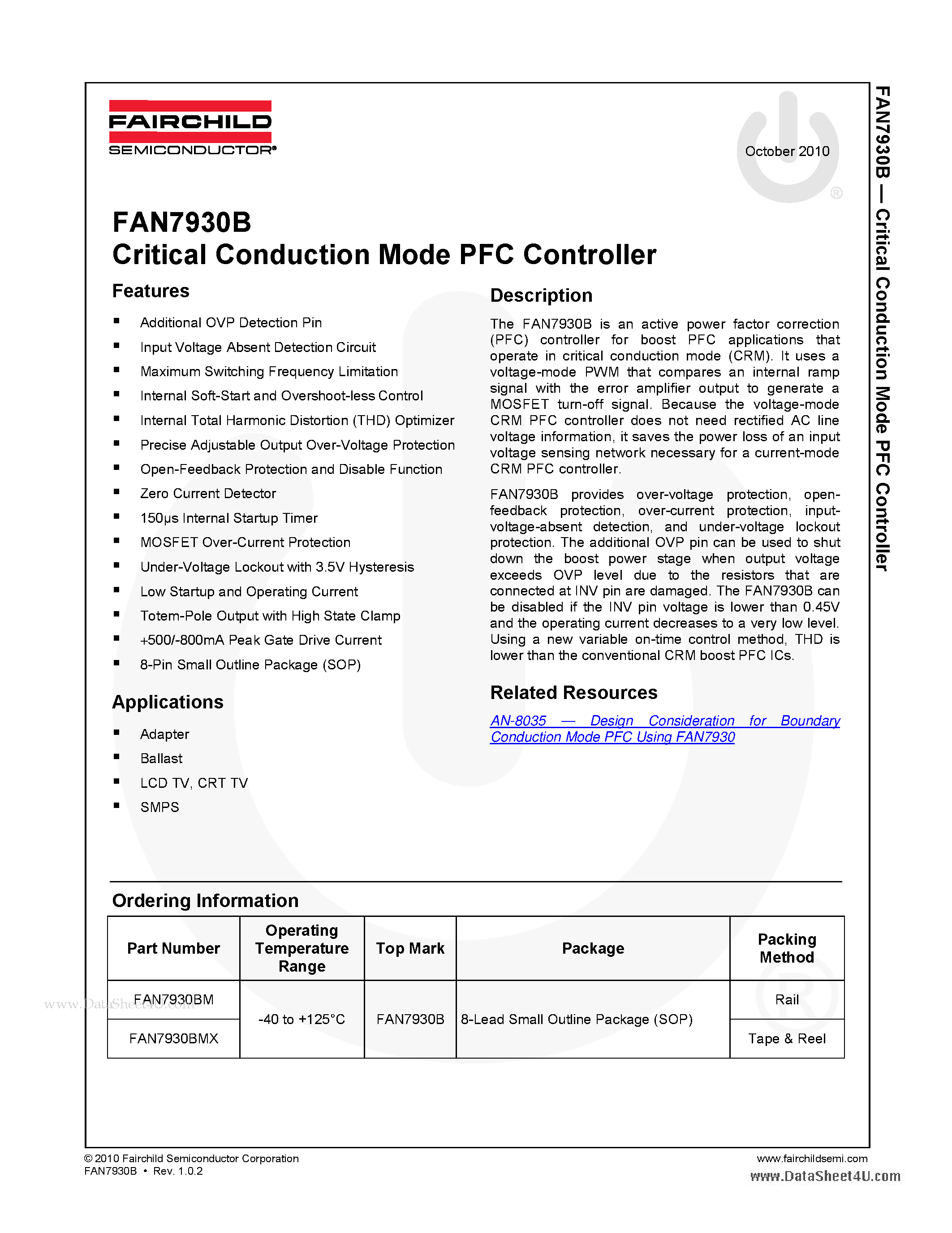 Даташит на микросхему FAN7930B страница 1 Даташит FAN7930B - Critical Conduction Mode PFC Controller страница 1