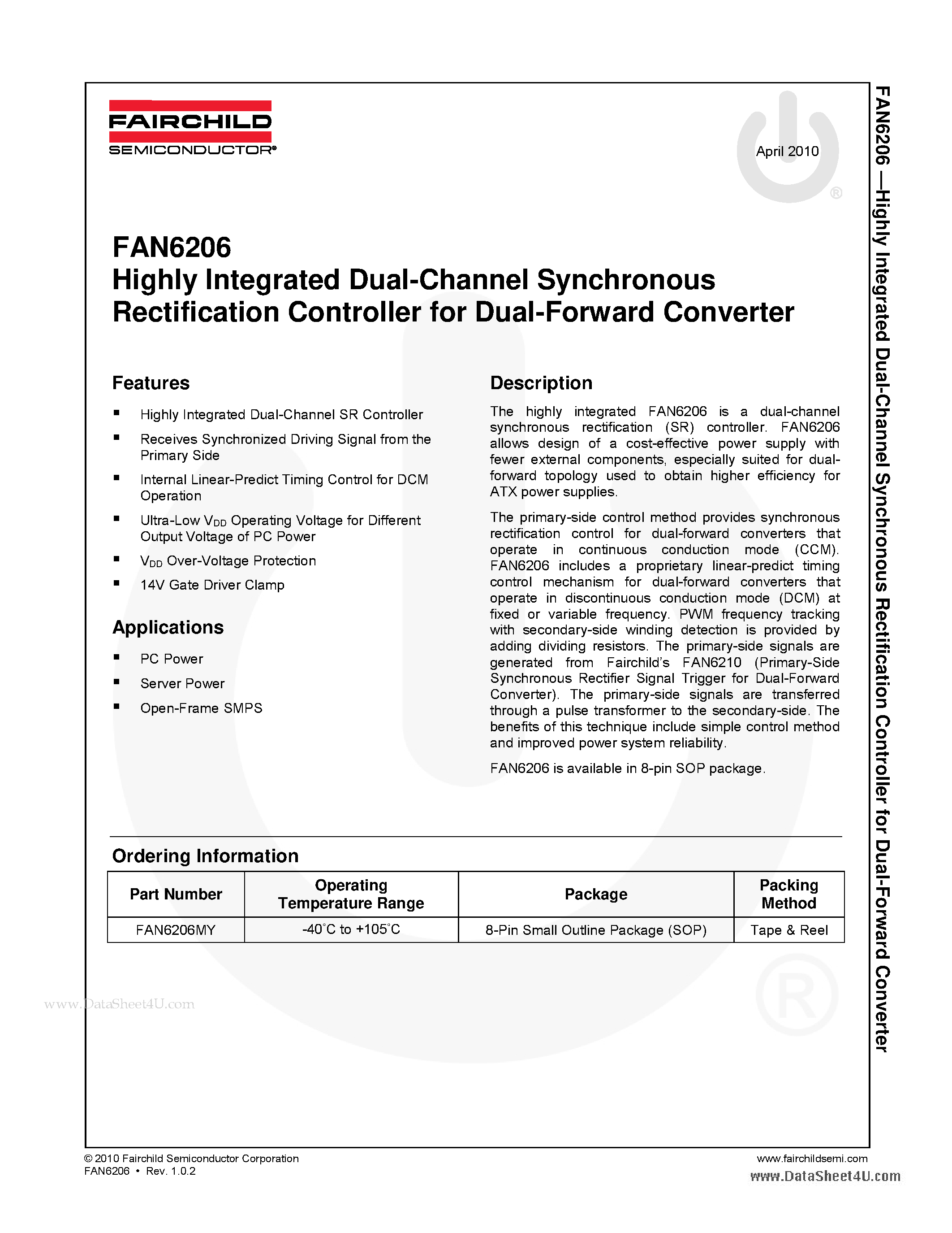 Даташит FAN6206 - Highly Integrated Dual-Channel Synchronous Rectification Controller страница 1