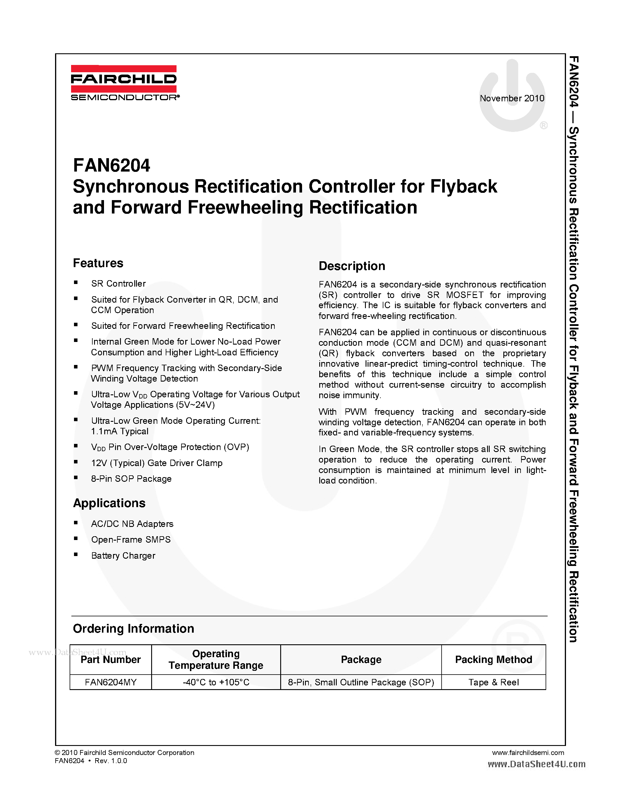 Даташит FAN6204 - Synchronous Rectification Controller страница 1