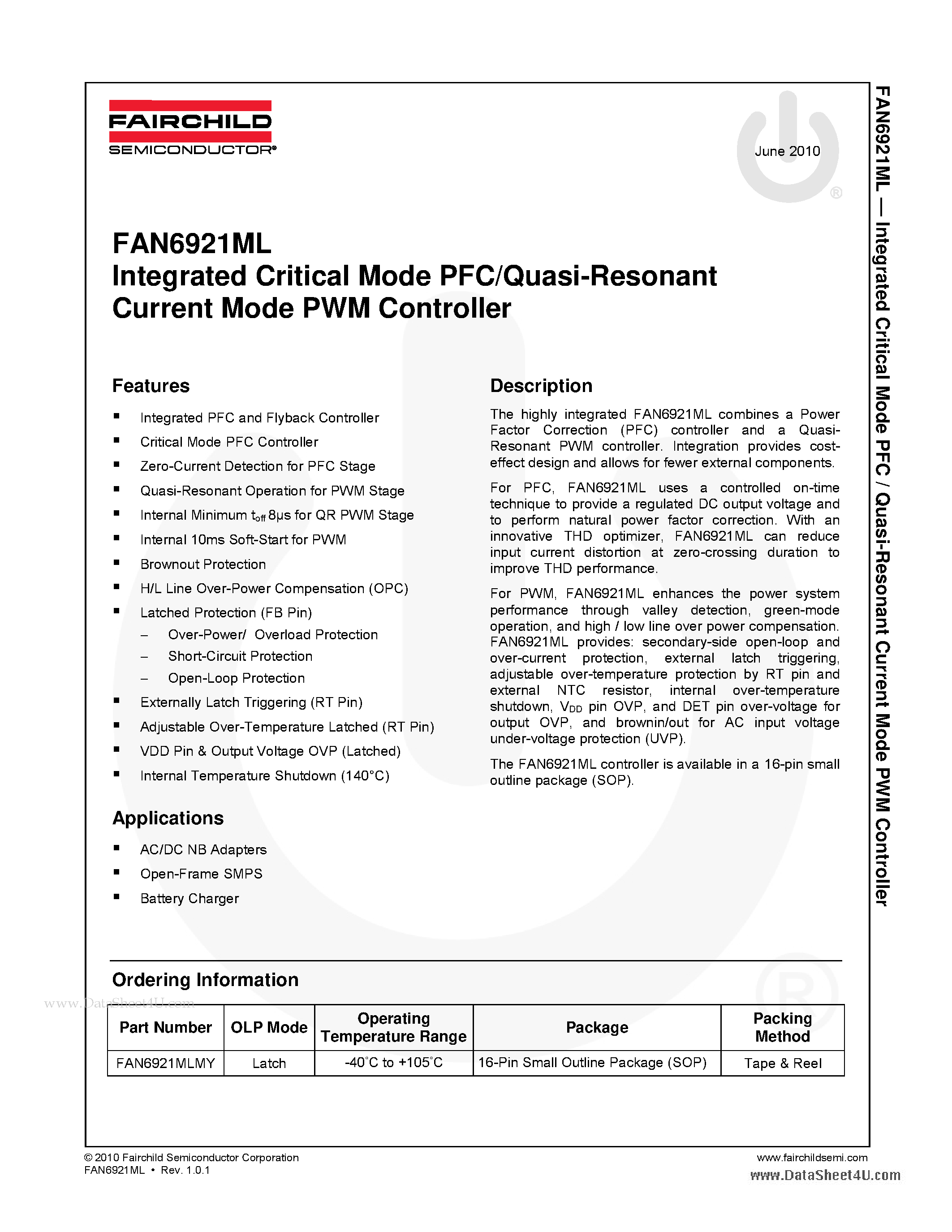 Даташит FAN6921ML - Integrated Critical Mode PFC/Quasi-Resonant Current Mode PWM Controller страница 1
