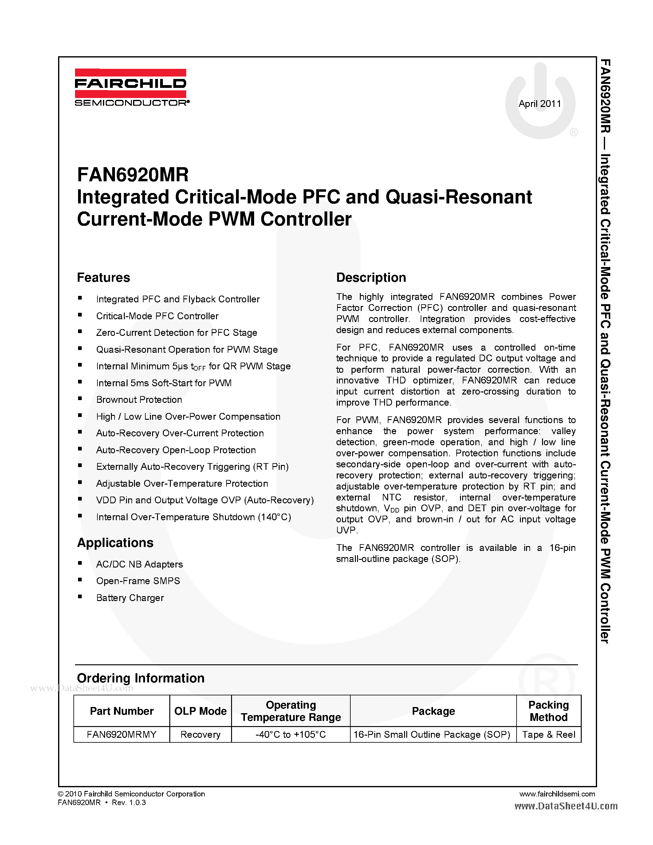 Даташит FAN6920MR - Integrated Critical-Mode PFC and Quasi-Resonant Current-Mode PWM Controller страница 1