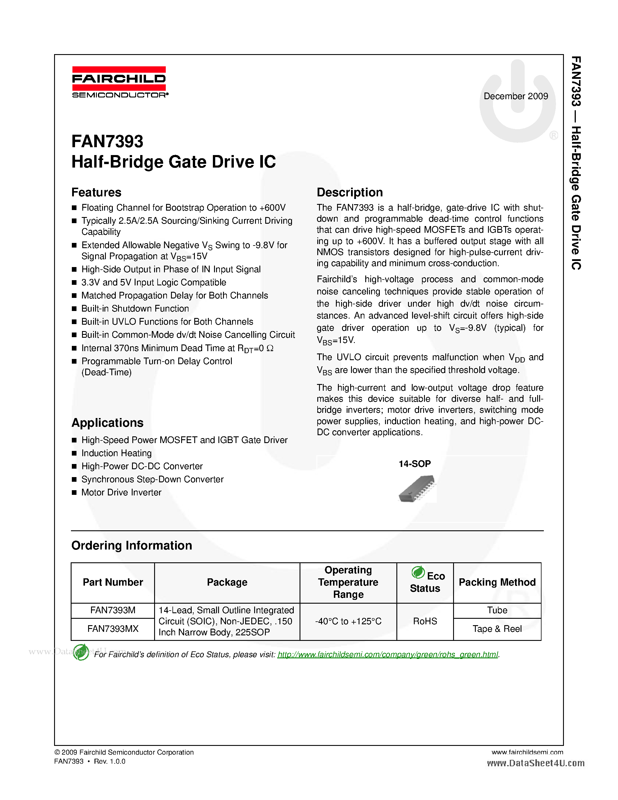 Даташит FAN7393 - Half-Bridge Gate Drive IC страница 1