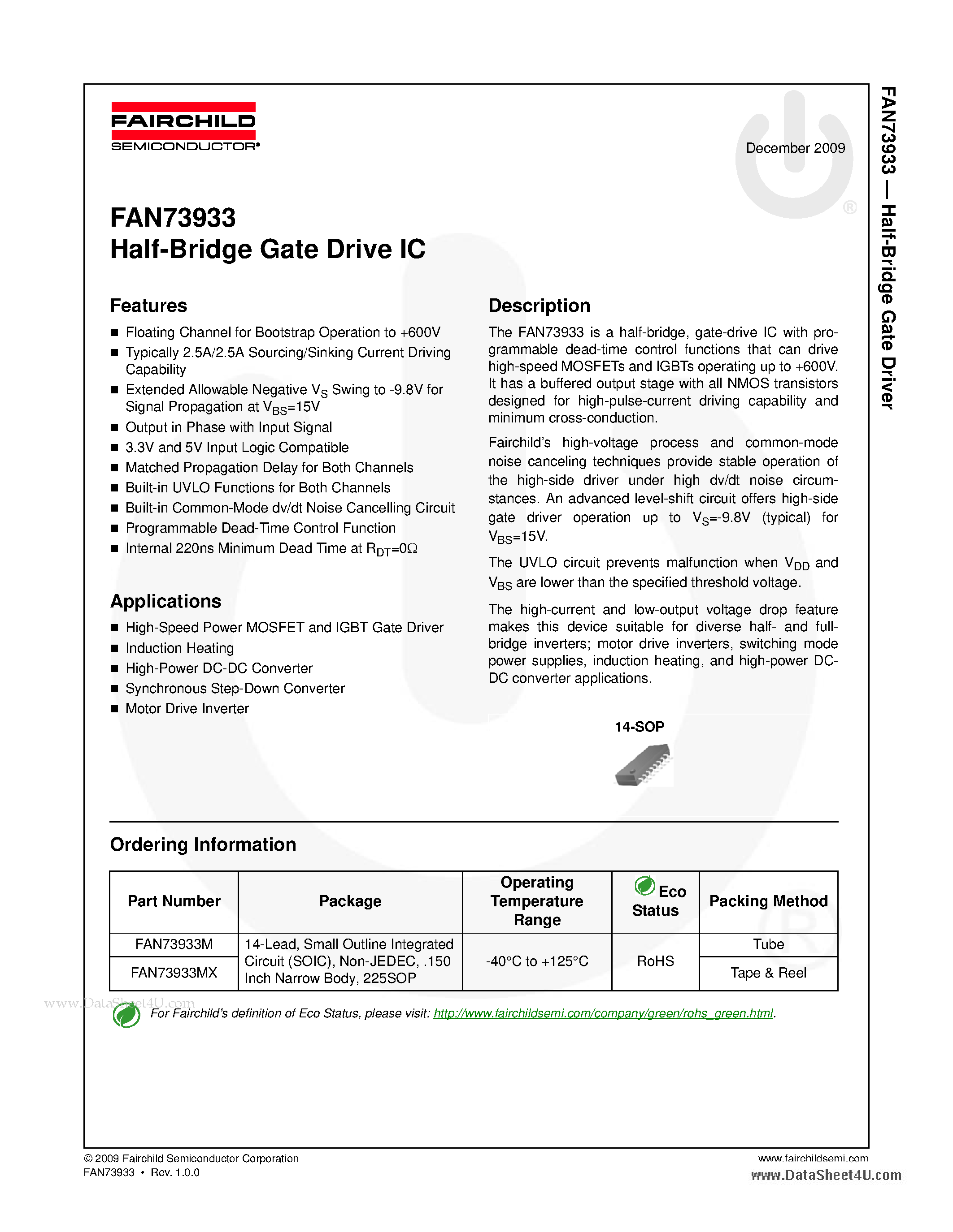 Даташит на микросхему FAN73933 страница 1 Даташит FAN73933 - Half-Bridge Gate Drive IC страница 1