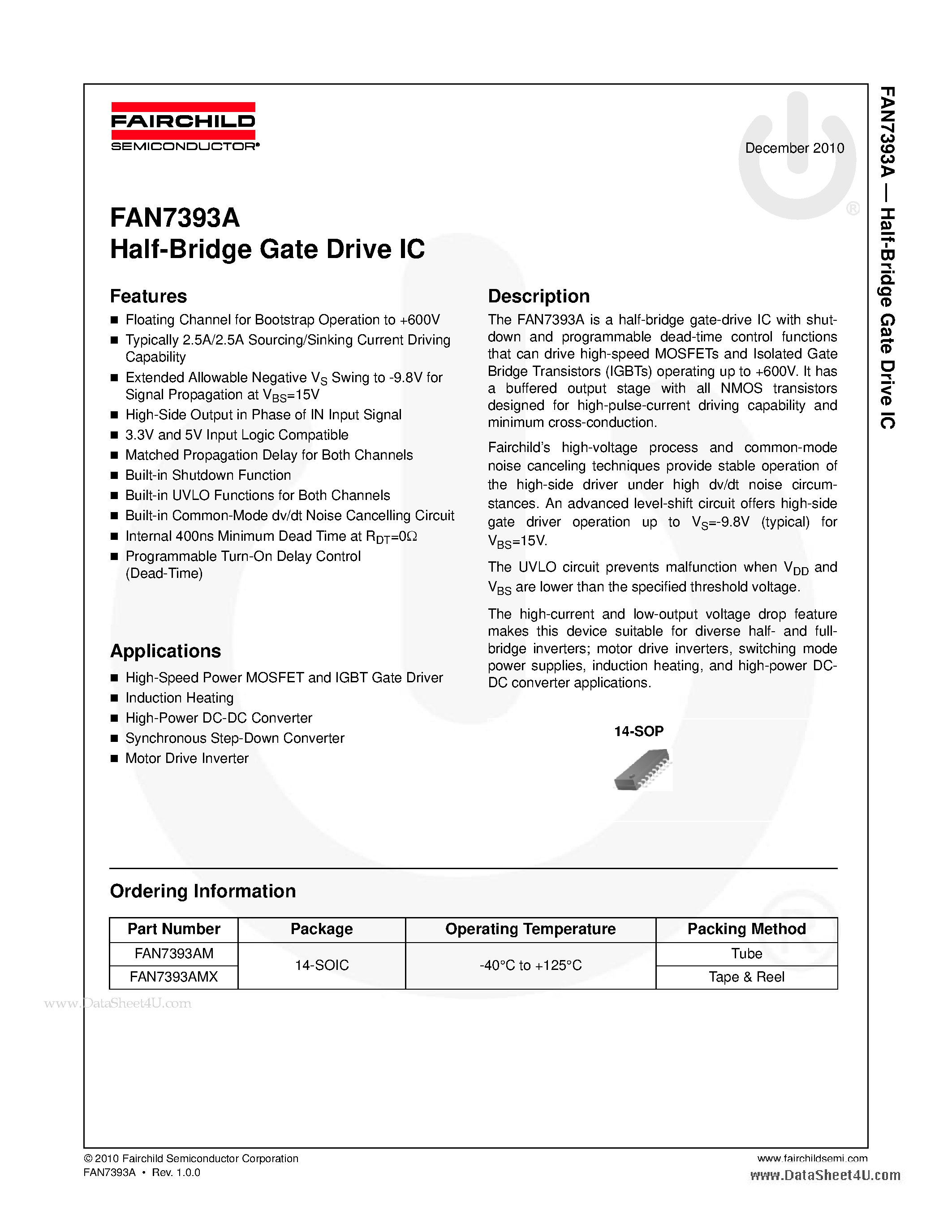 Даташит FAN7393A - Half-Bridge Gate Drive IC страница 1