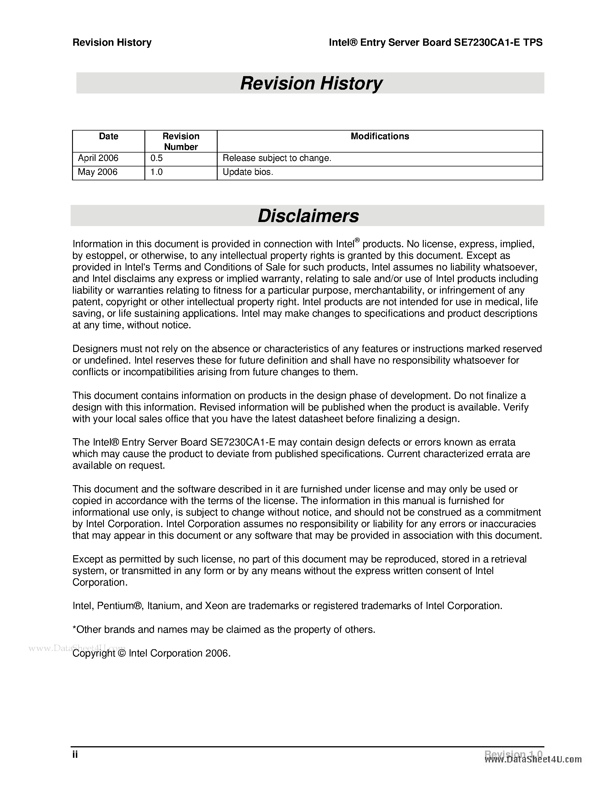 Даташит на микросхему SE7230CA1-E страница 2 Даташит SE7230CA1-E - Entry Server Board страница 2